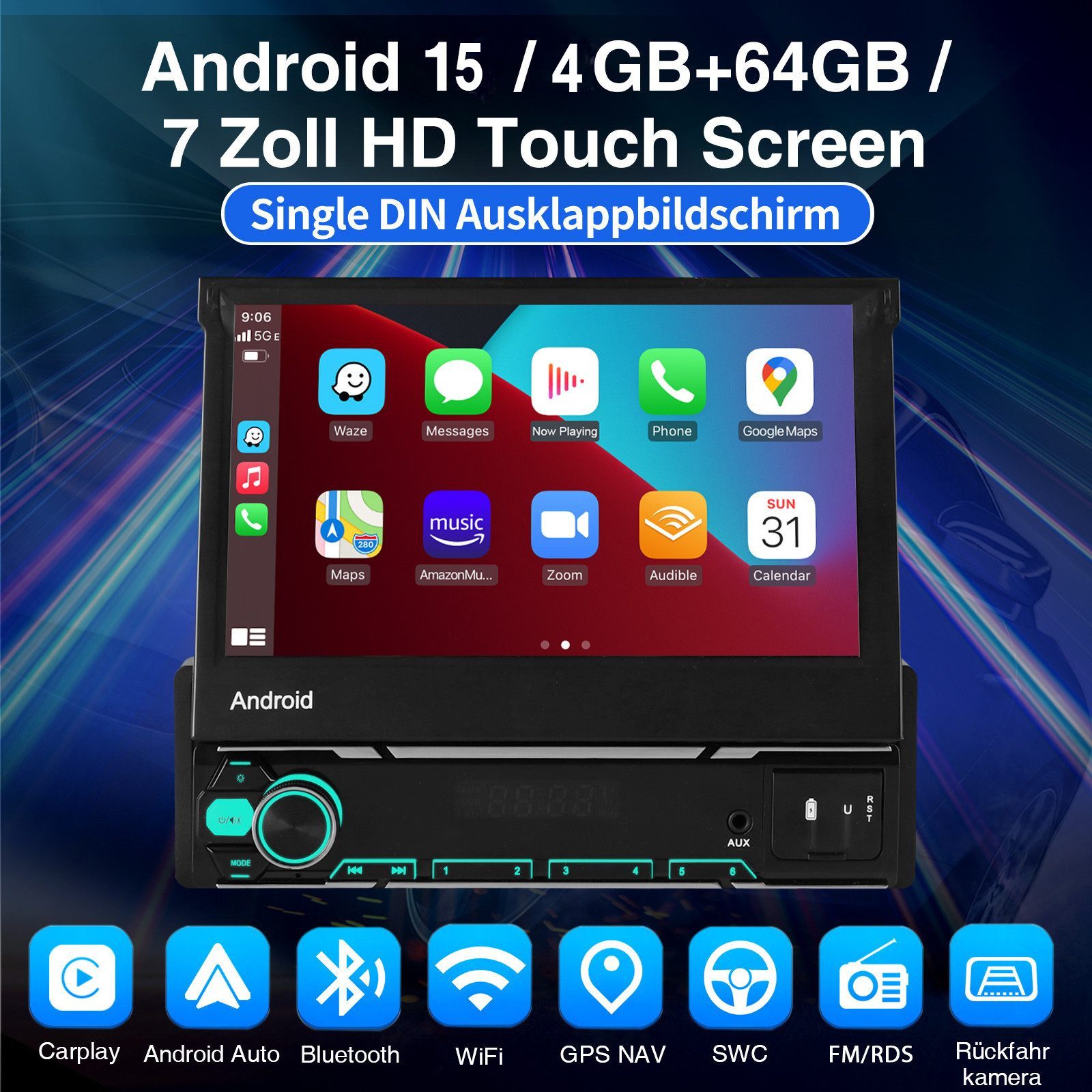 ESSGOO DAB+ 4+64G 1DIN 7'' Flip Out Android 15 Carplay Autoradio GPS WIFI FM Autoradio (Digitalradio (DAB), 4+64GB(optional), RDS, AM, FM, Carplay Android Auto Bluetooth EQ USB GPS Navi WIFI Touchscreen)