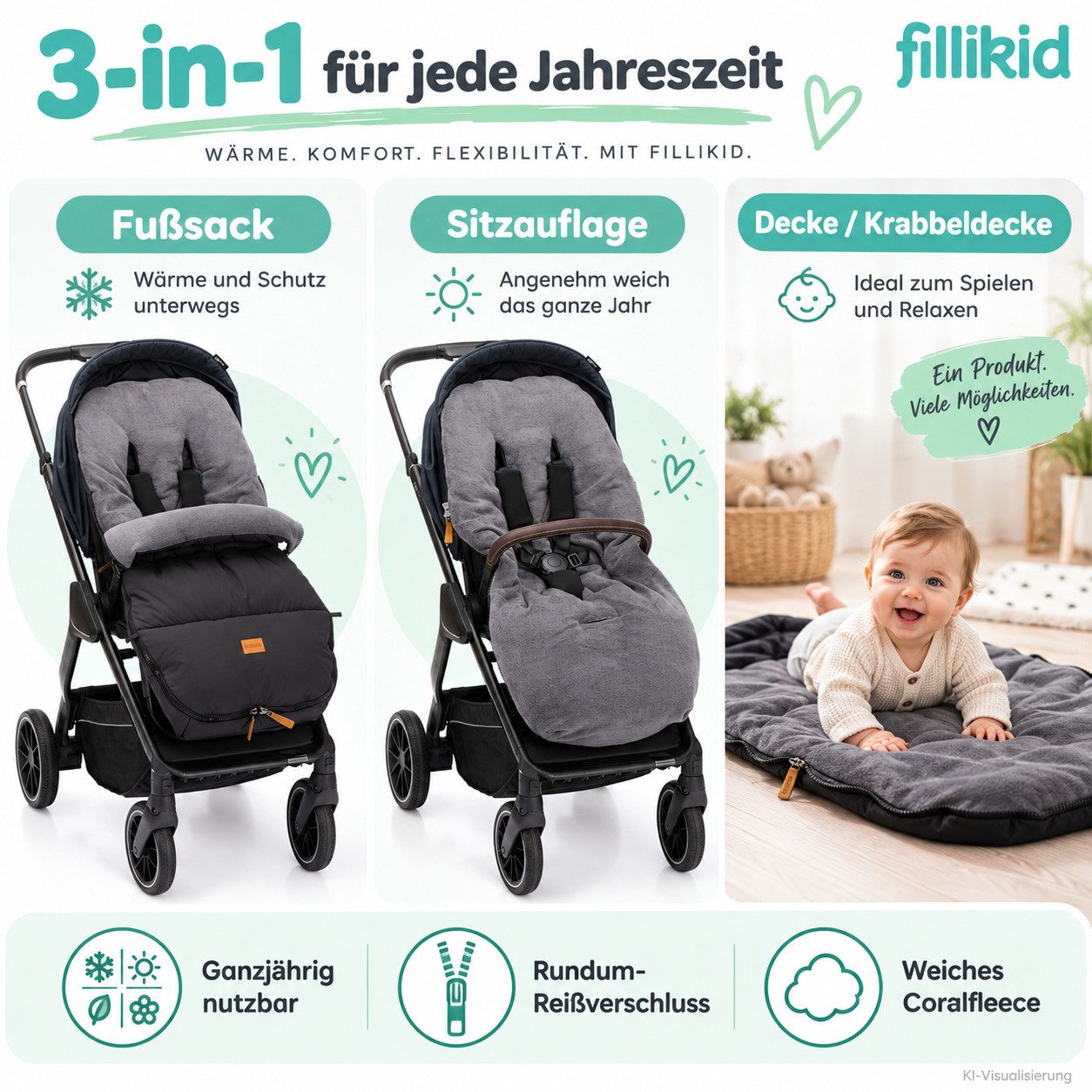 Fillikid Fußsack Winterfußsack Kinley Exklusiv, warmer Winterfußsack waschbar mit Rundum Reißverschluss und – Bild 4 von 5
