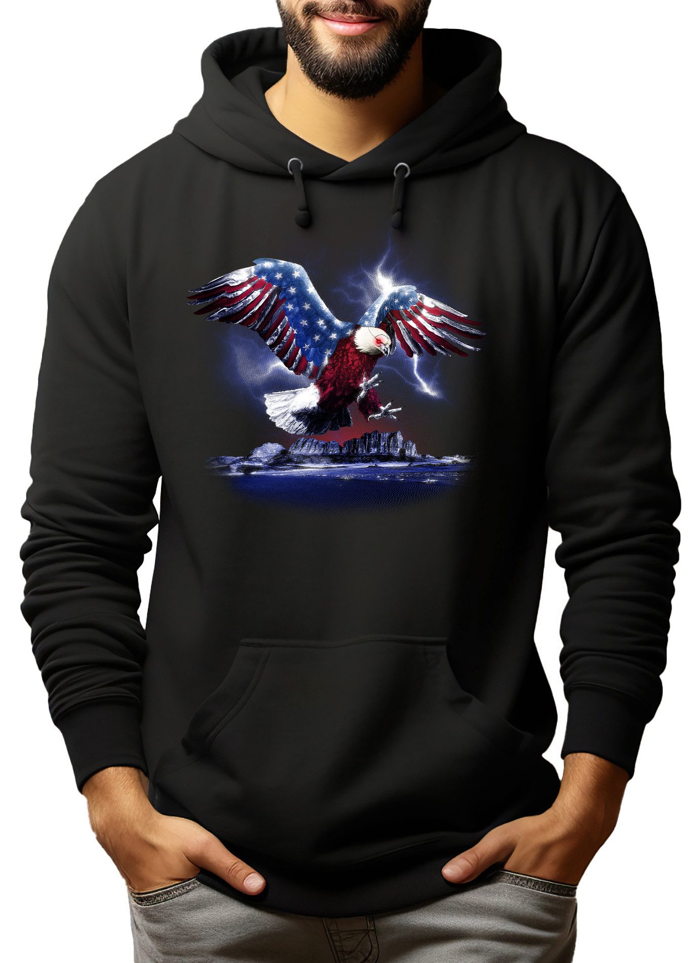 MyDesign24 Hoodie Herren Kapuzen Sweatshirt - Adler mit USA Flügel Kapuzenpulli mit Aufdruck i348