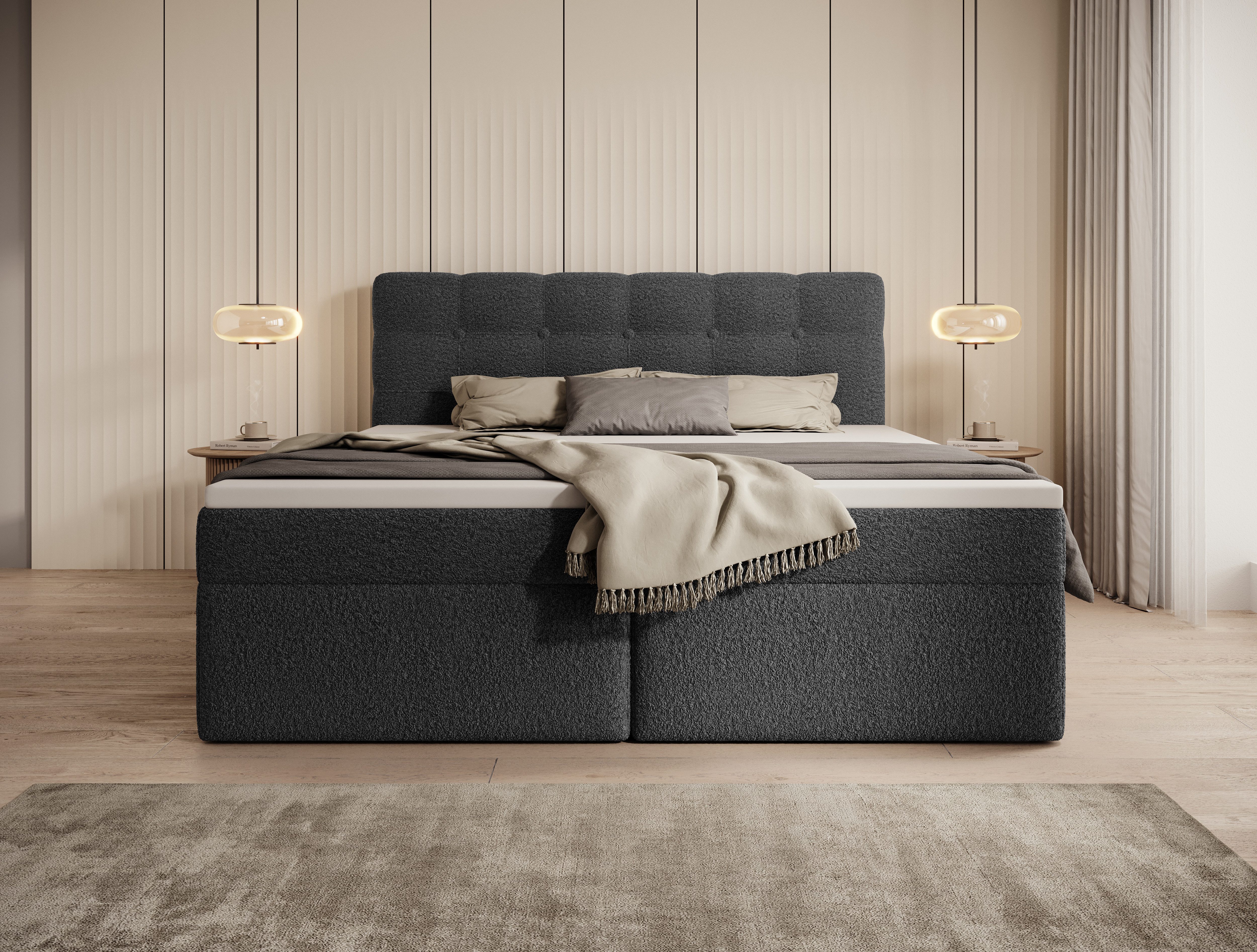 thematys Boxspringbett Luxus mit Bettkasten 140x200–200x200cm - Velours oder Bouclé Bezug (Polsterbett Bonnellfederkern Matratze H3 + Gratis 3cm Topper, – Doppelbett mit Stauraum - Boxbett)