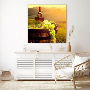 Primedeco Glasbild Wandbild Quadratisch Rotwein mit Barrel mit Aufhängung, Getränke