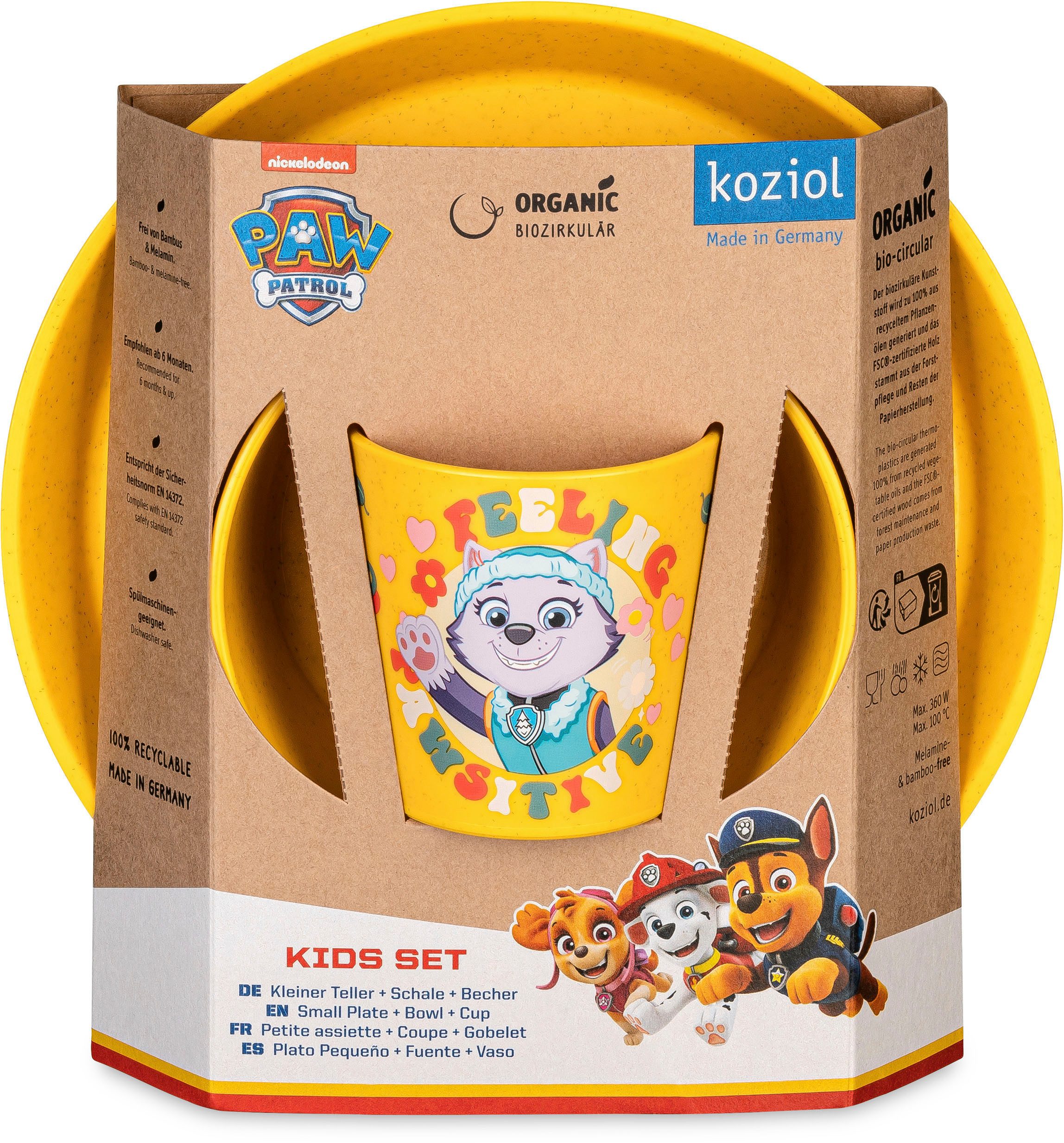 KOZIOL Kindergeschirr-Set Kleiner Teller + Schale + Becher CONNECT GROW PAW PATROL (3-tlg), 1 Personen, Kunststoff, 100% melaminfrei & recycelbar, CO² neutral in Deutschland produziert!