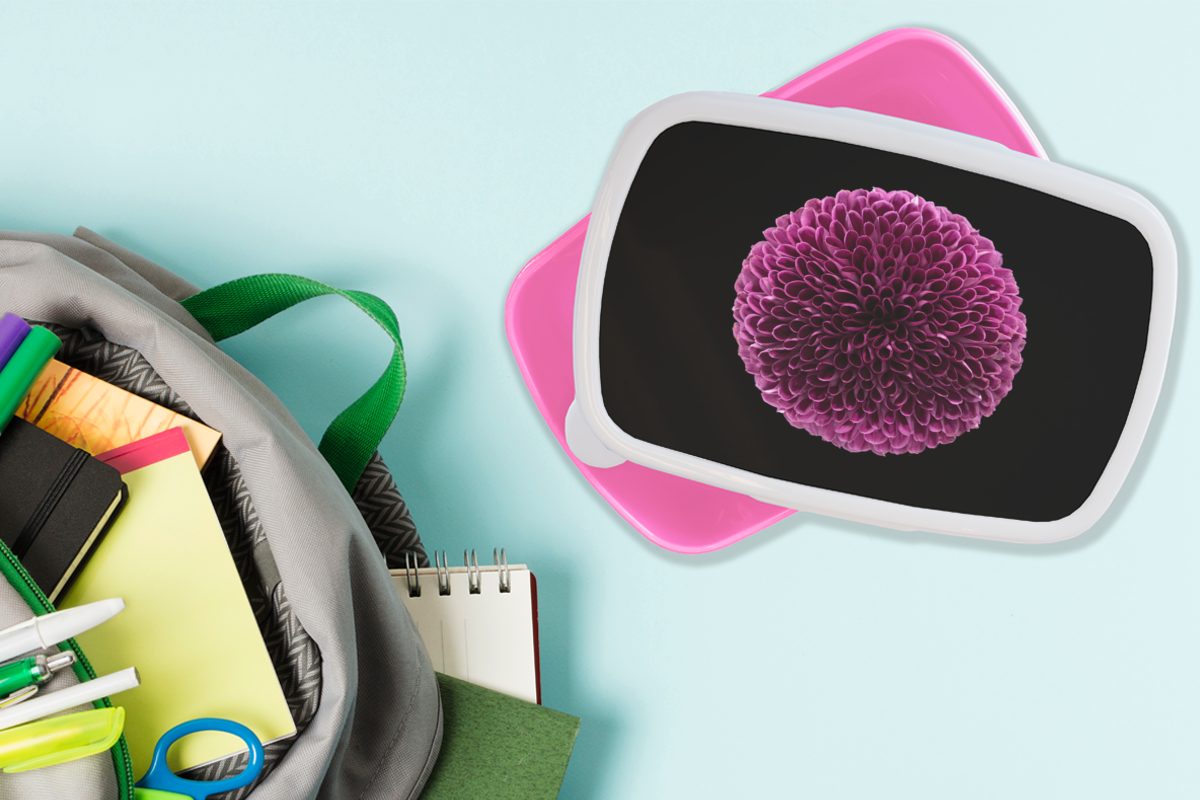 auf kugelförmige Snackbox, Eine Erwachsene, Kinder, MuchoWow Lunchbox Kunststoff, für rosa Chrysanthemenblüte Brotdose Brotbox schwarzem Kunststoff Hintergrund, lila (2-tlg), Mädchen,