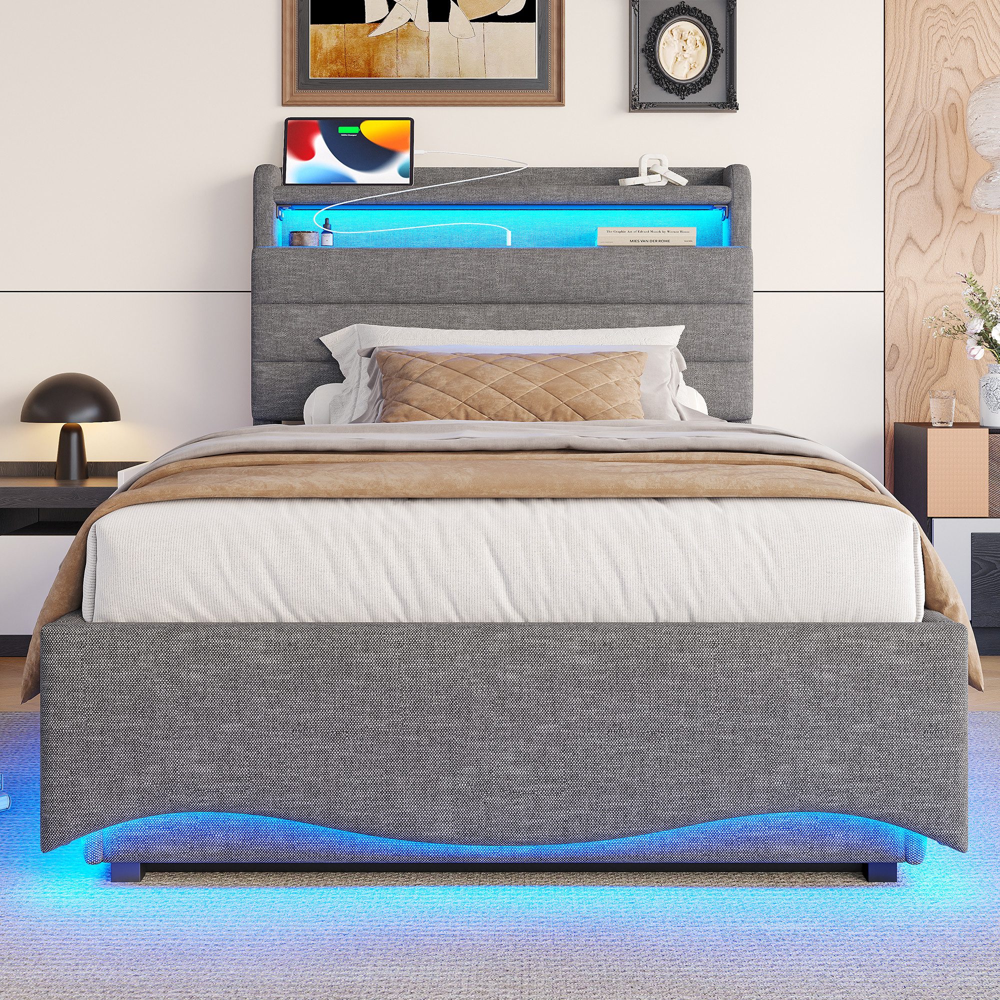 TavilaEcon Boxspringbett Polsterbett mit LED-Beleuchtung und Hydraulikmechanismus (1-St), 90x200cm, mit Ablagefach, USB-/Typ-C-Anschluss, Grau