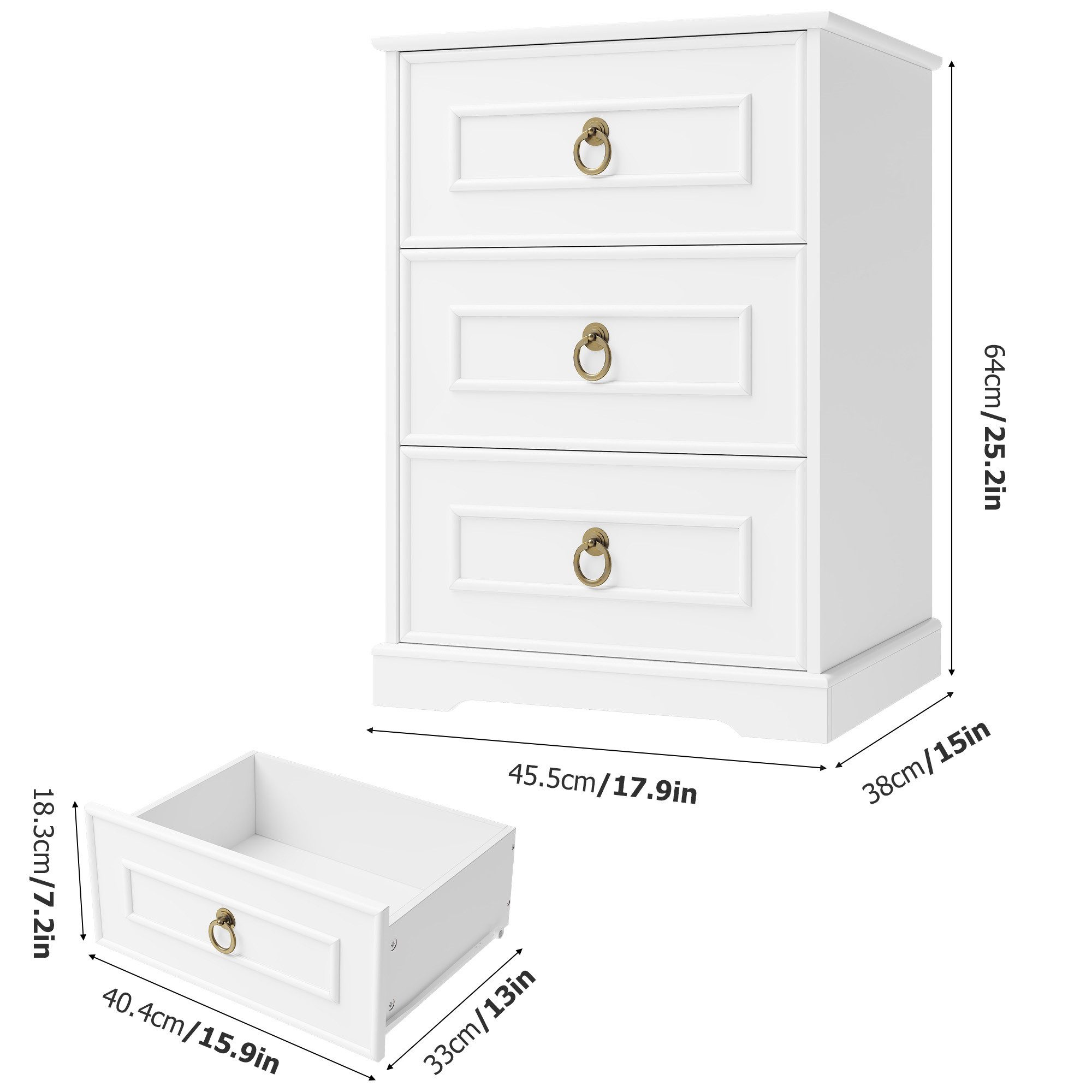Homfa Nachttisch Nachtschrank Nachtkommode Nachtkonsole, mit 3 Schbuladen, Beistelltisch Landhausstil, 45,5x38x64cm, Weiß