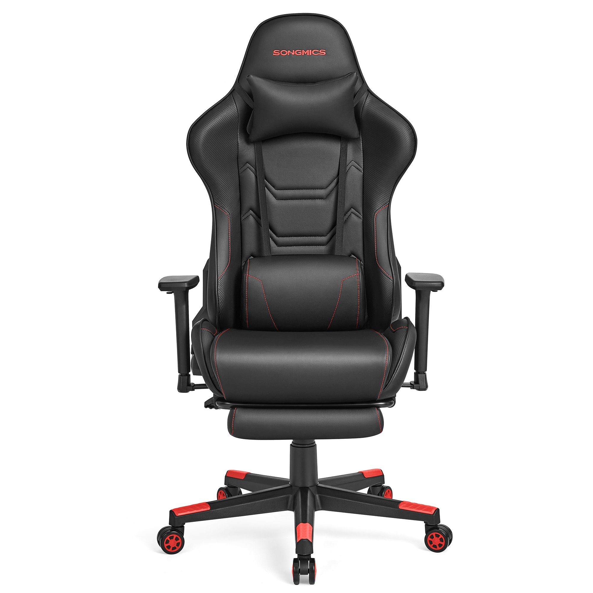 SONGMICS Gaming-Stuhl, Bürostuhl, ergonomisch, Kopfkissen, bis 150 kg belastbar schwarz-rot