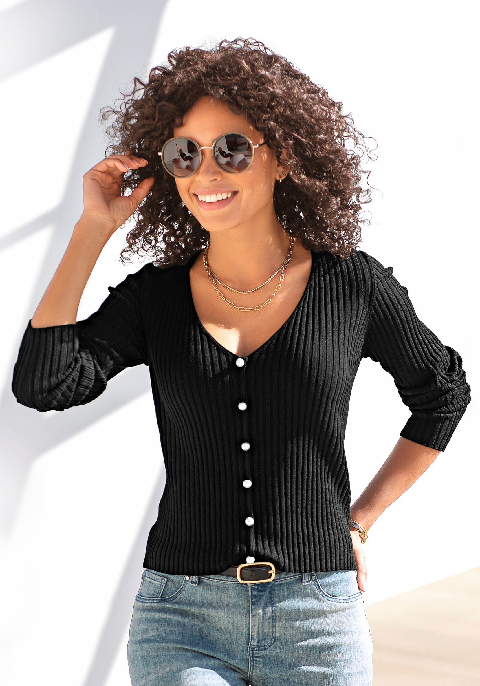 LASCANA V-Ausschnitt-Pullover mit Zierperlen schwarz