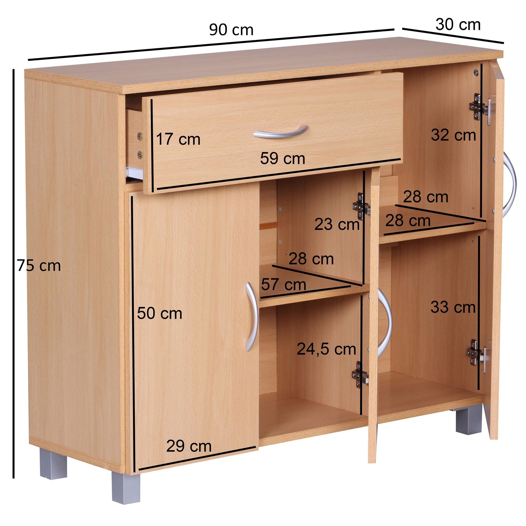 Wohnling Sideboard WL1.333 (SETE Buche mit 1 Schublade & 3 Türen 90x75x30  cm), Design Kommode Anrichte Flur-Schrank mit Griffen