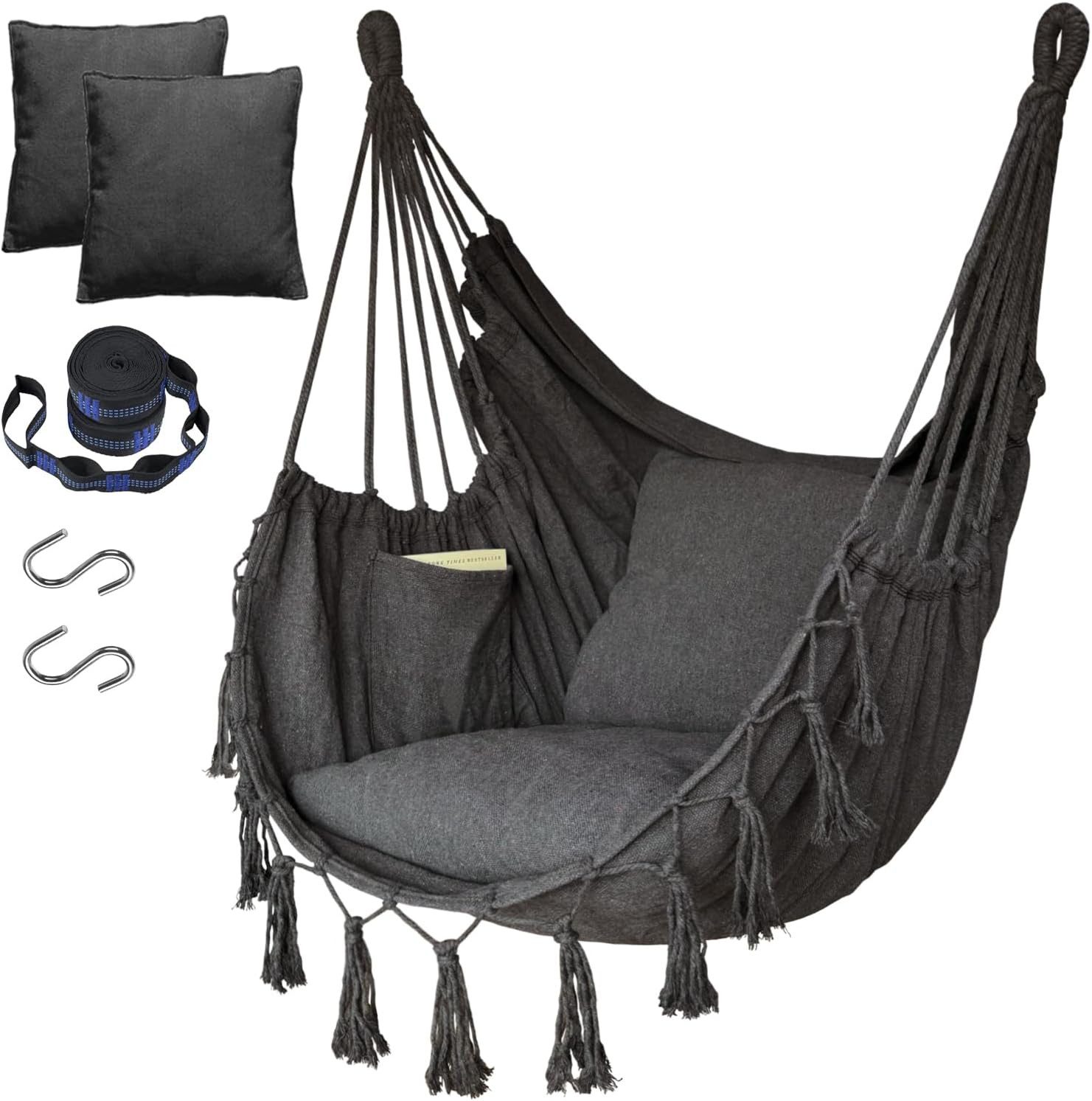 BlingBin Hängesessel Hängestuhl mit 2 Kissen, Seitentasche & S-Haken – Hängemattenstuhl (1 Stück, 1-St., Hängematte Indoor & Outdoor 100*130cm), Übergroßer Schaukelstuhl für Wohn- Schlafzimmer Garten Terrasse