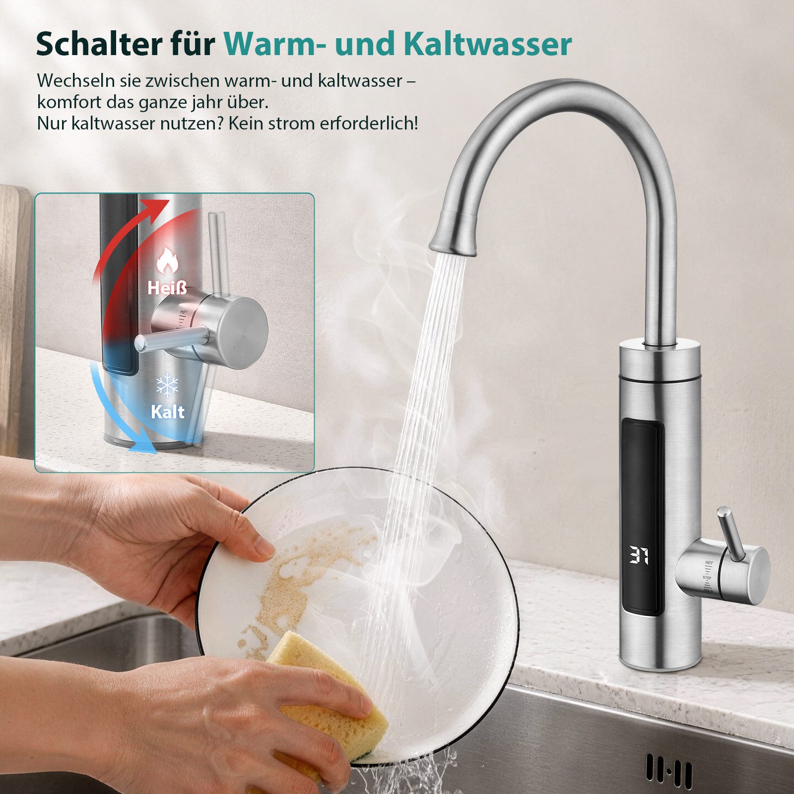 HOMELIVE Küchenarmatur mit durchlauferhitzer,Spültischarmatur küche,küchenarmatur edelstahl Elektrische Durchlauferhitzer,Smart Heater Wasserhahn 360° drehbar – Bild 5 von 5