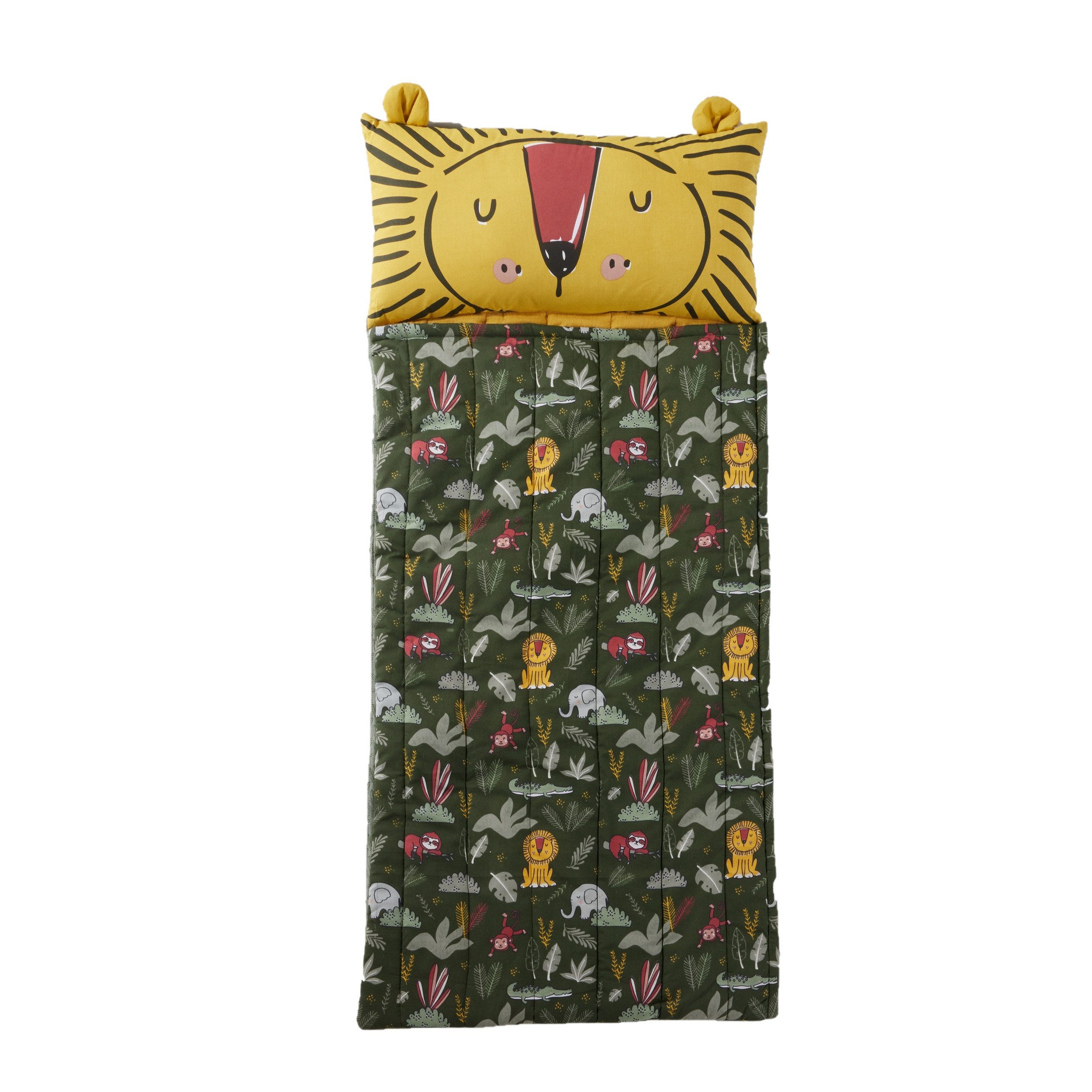Familando Kinderschlafsack Dschungel Motiv mit Kopfkissen Löwe Indoor Schlafsack 62x142cm, aus 100% Baumwolle mit Reißverschluss