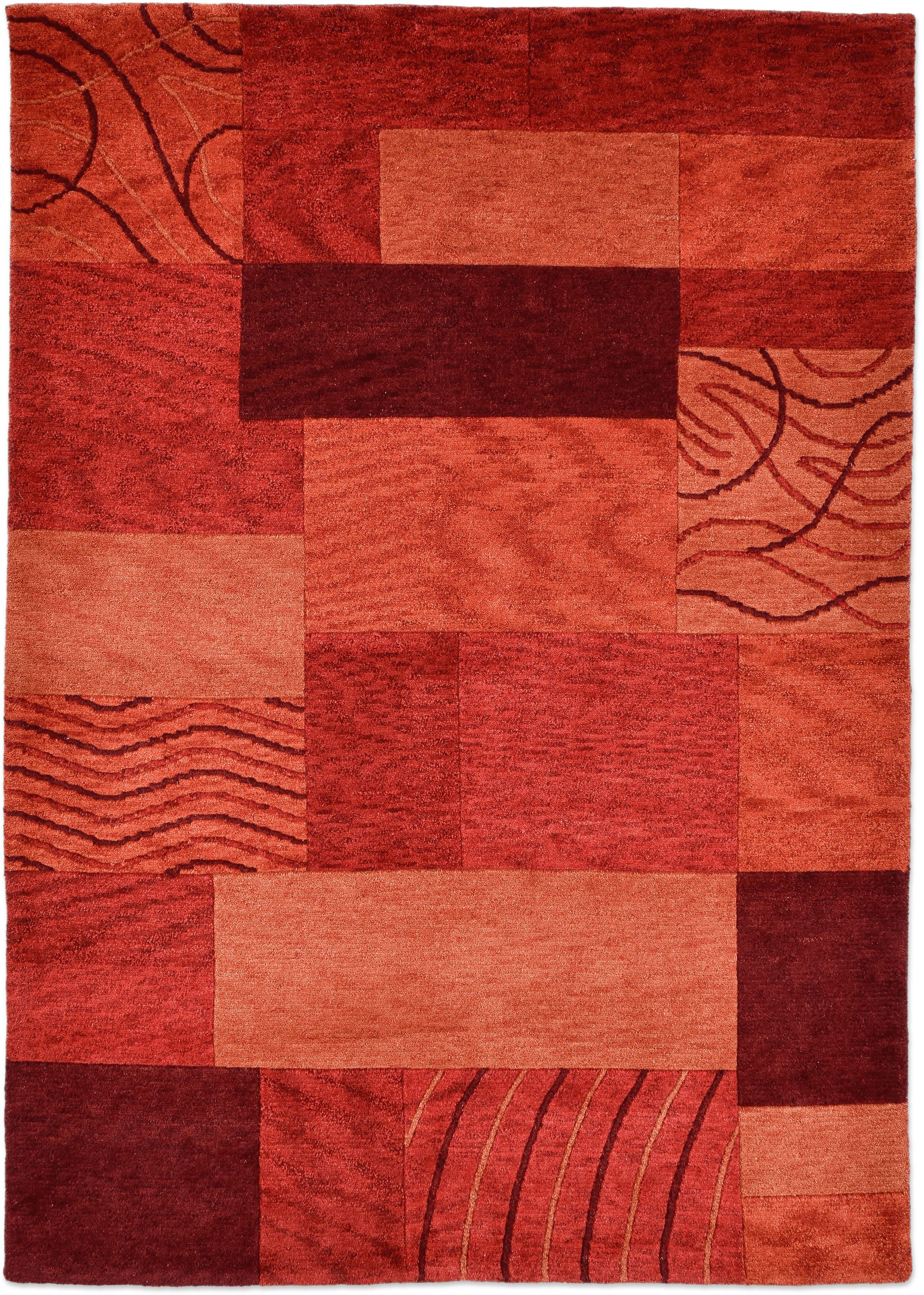THEKO Wollteppich Royal Domas 4028, rechteckig, Höhe: 14 mm, Kurzflor, reine Wolle, handgetuftet, modernes Patchwork Design
