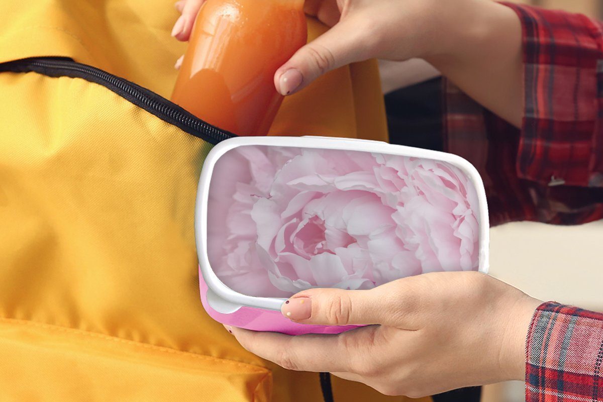 MuchoWow Lunchbox Nahaufnahme Erwachsene, Kinder, Snackbox, rosa Kunststoff, und einer Mädchen, Draufsicht (2-tlg), Brotdose Kunststoff Pfingstrose, für Brotbox