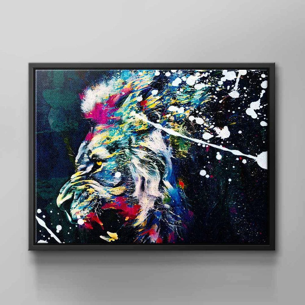 DOTCOMCANVAS® schwarz weiss löwe wild bunt tier rot ohne Leinwandbild, blau Rahmen pink Wandbild inspiration