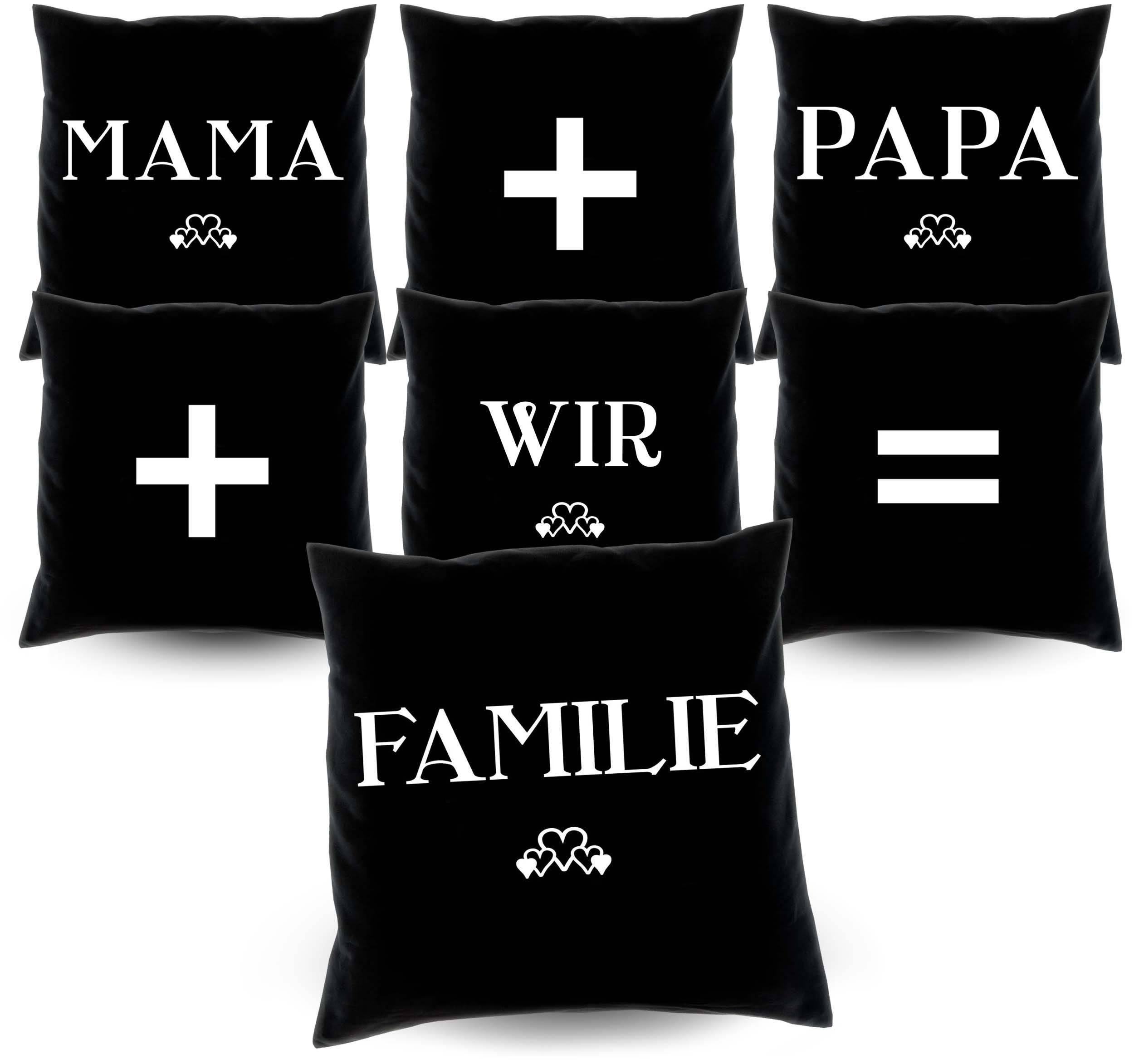 Soreso® Dekokissen 7 Kissen Mama + Papa + wir = Familie Eltern Weihnachtsgeschenke, Kissen-Set