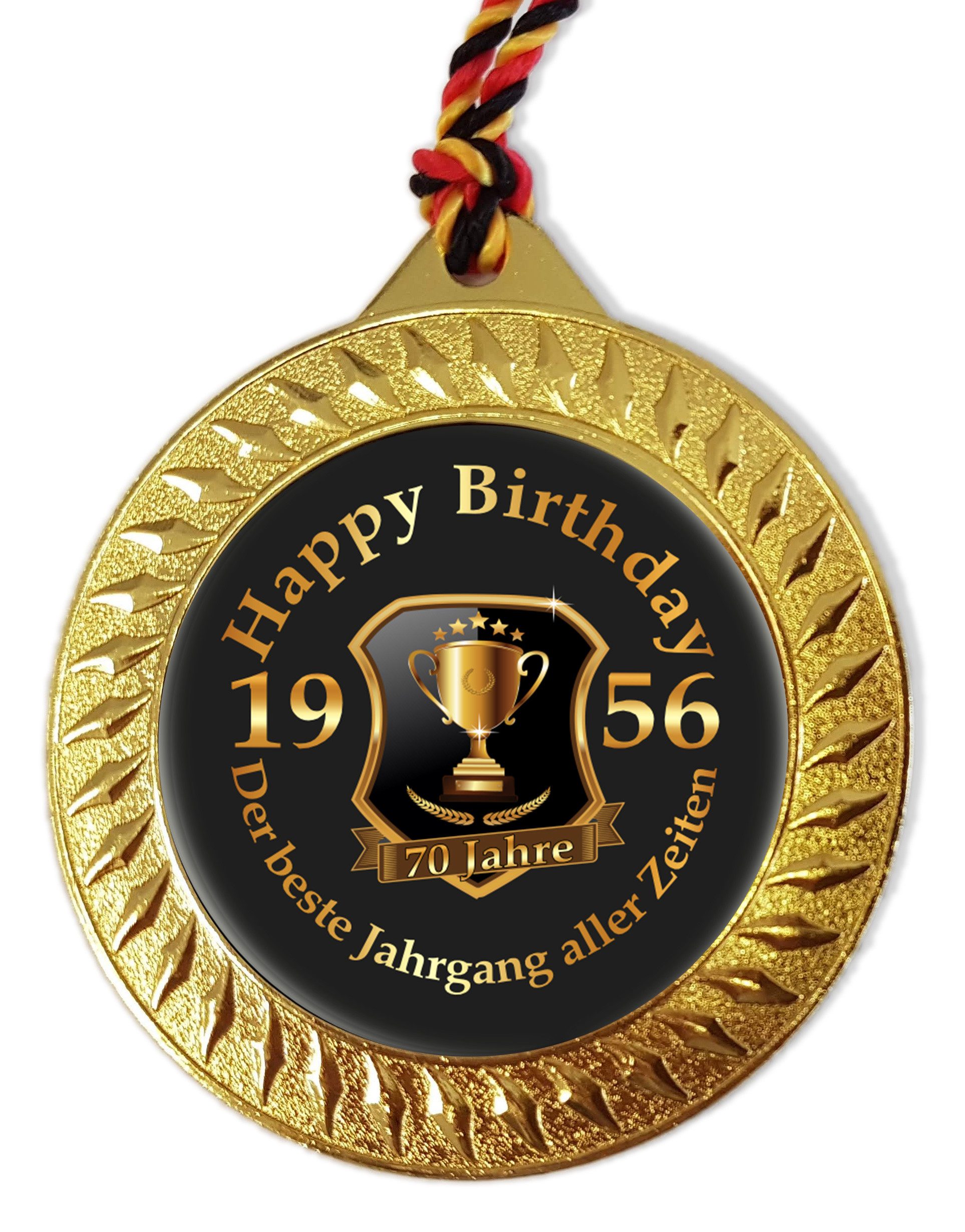 RAHMENLOS® Metallschild Medaille, Orden als Geschenk zum 70. Geburtstag - Jahrgang 1956, (Geschenkbox und Kordel), mit Geschenkbox und Kordel