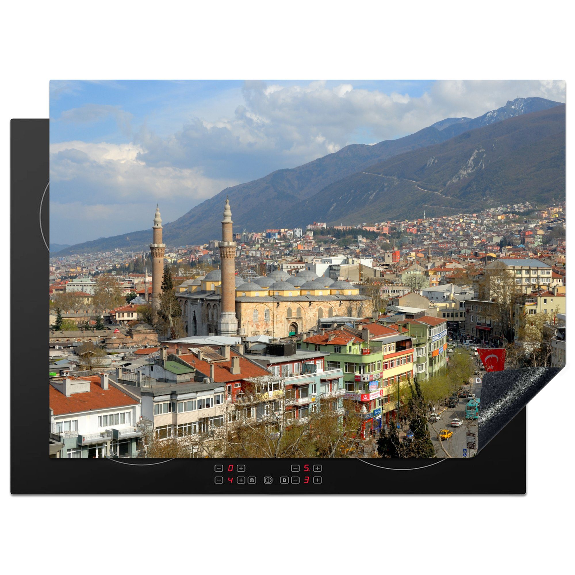 MuchoWow Herdblende-/Abdeckplatte Die Altstadt von Bursa mit dem Basar im Vordergrund, Vinyl, (1 tlg), 70x52 cm, Mobile Arbeitsfläche nutzbar, Ceranfeldabdeckung