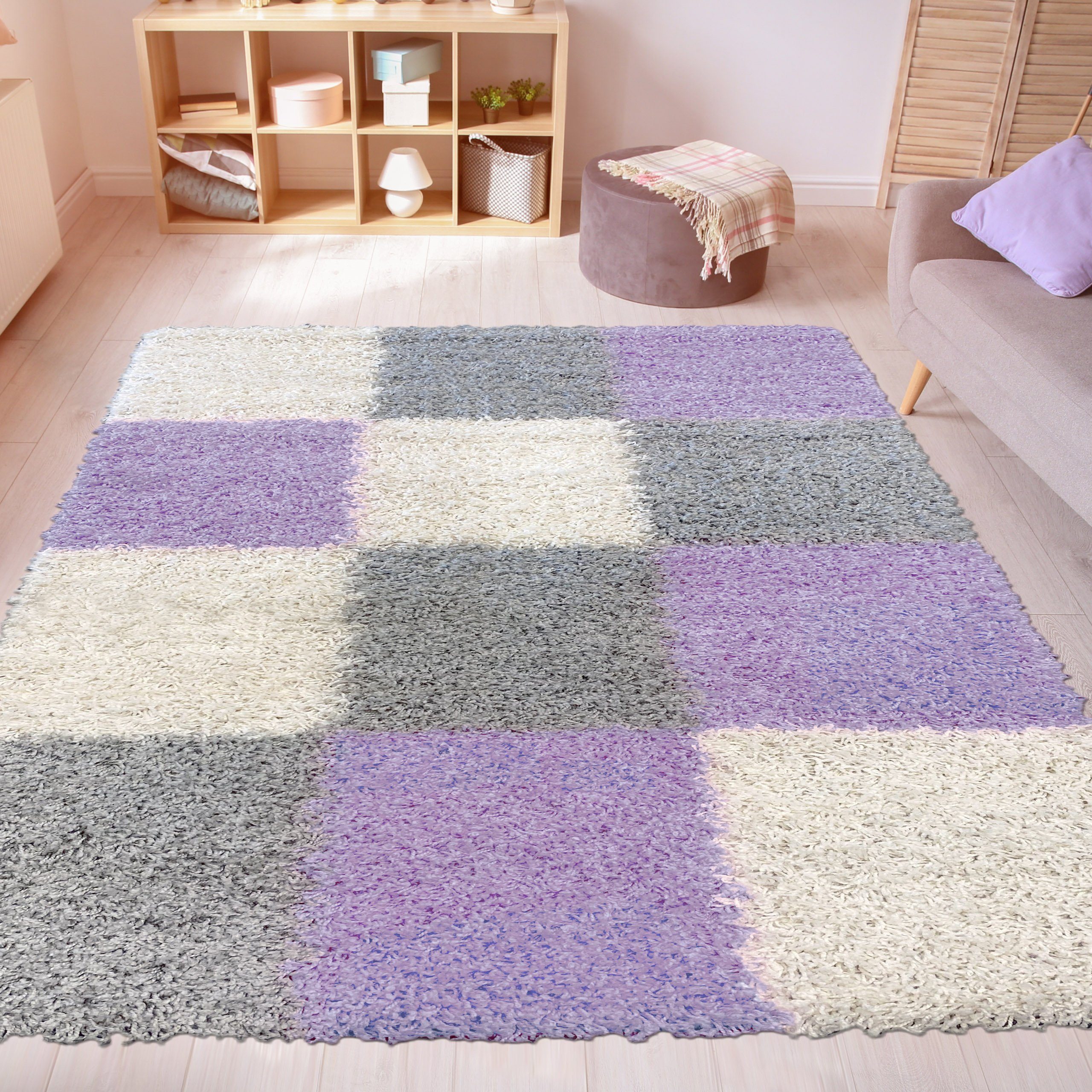 Teppich Shaggy Teppich Hochflor mit Karomuster flieder lila, Carpetia, rechteckig, Höhe: 30 mm