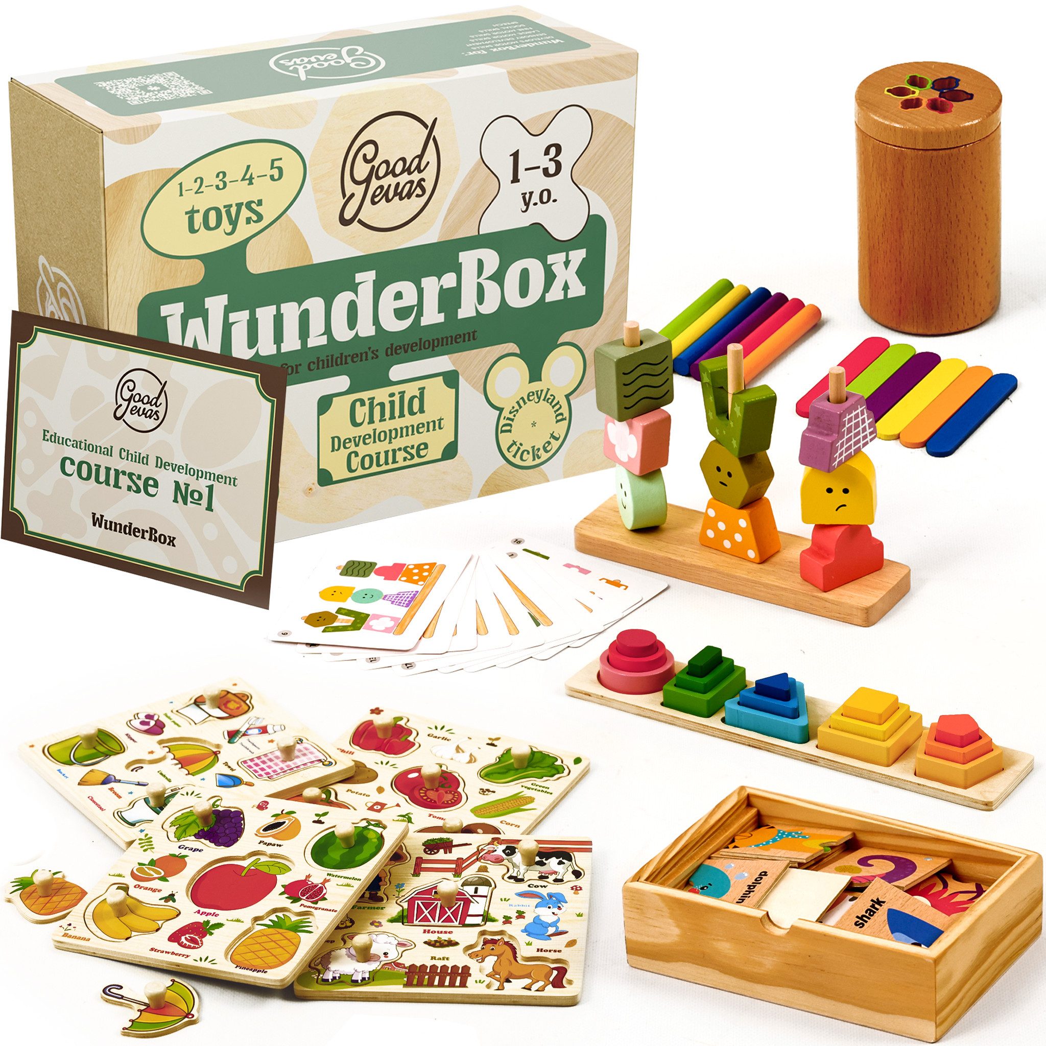 Goodevas Lernspielzeug WunderBox, Entwicklungsspielset für Kleinkinder, Umweltfreundliches (Entwicklungsspielset, 5 lehrreiche Holzspielzeuge + Mini-Elternkurs, Spielanleitungen)
