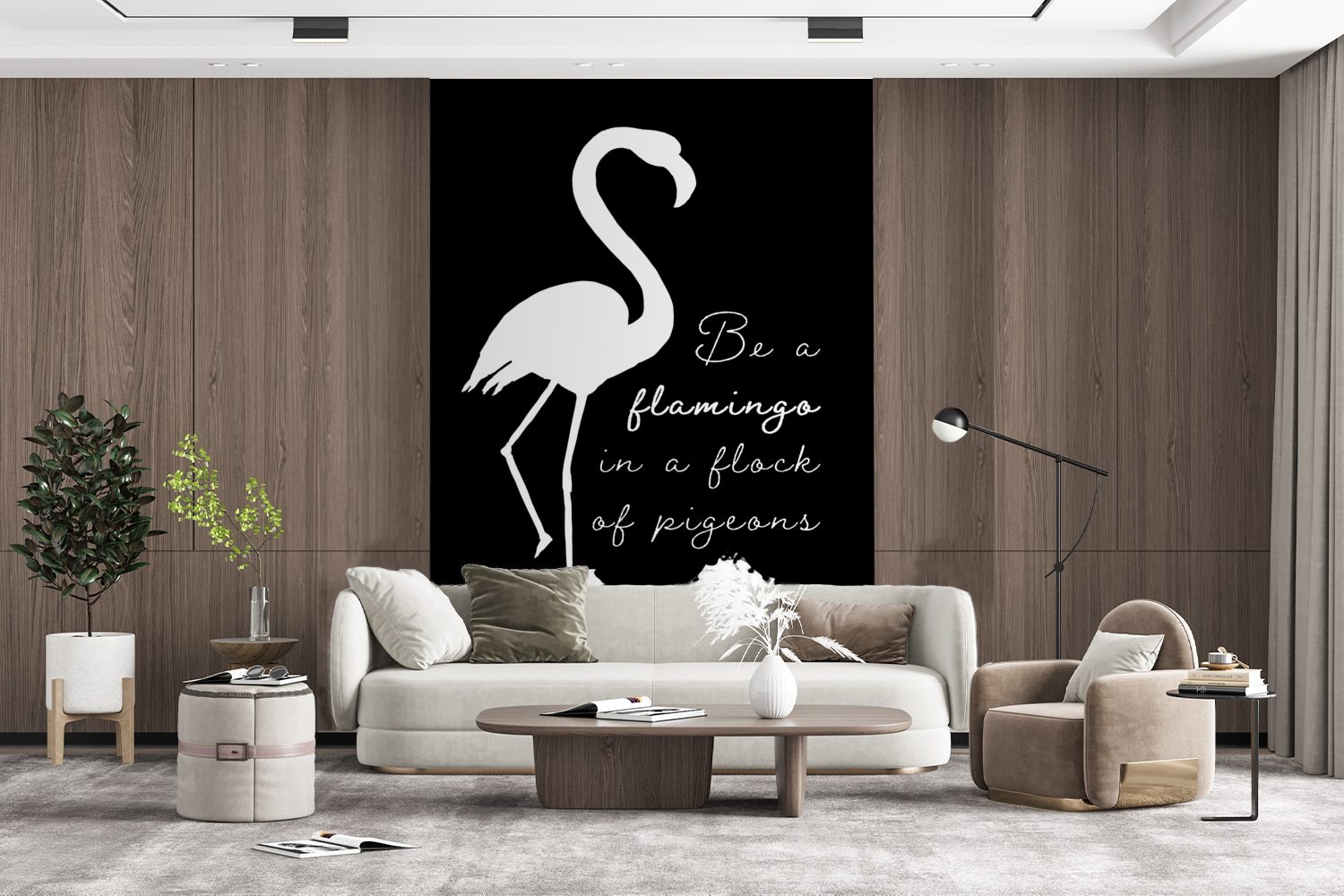 (3 bedruckt, Flamingo Montagefertig - Tapete Matt, Weiß, MuchoWow Wandtapete - für St), Schwarz Wohnzimmer, Fototapete Vinyl