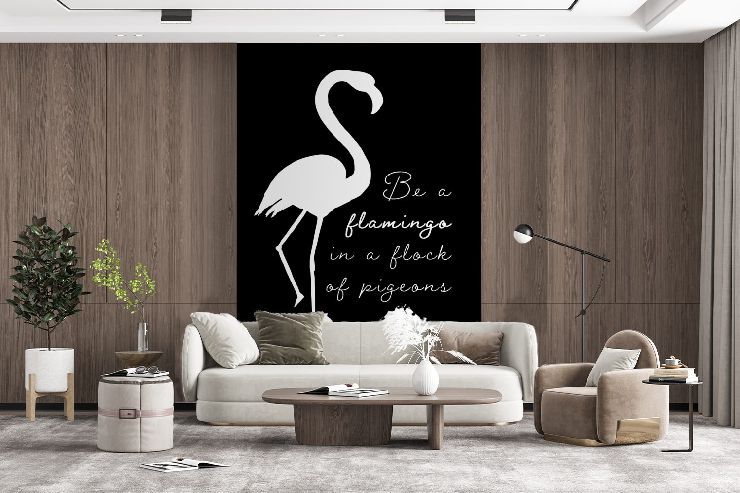 MuchoWow Fototapete Flamingo Weiß, Vinyl Wandtapete Schwarz bedruckt, für (3 Matt, St), - Wohnzimmer, Tapete Montagefertig 