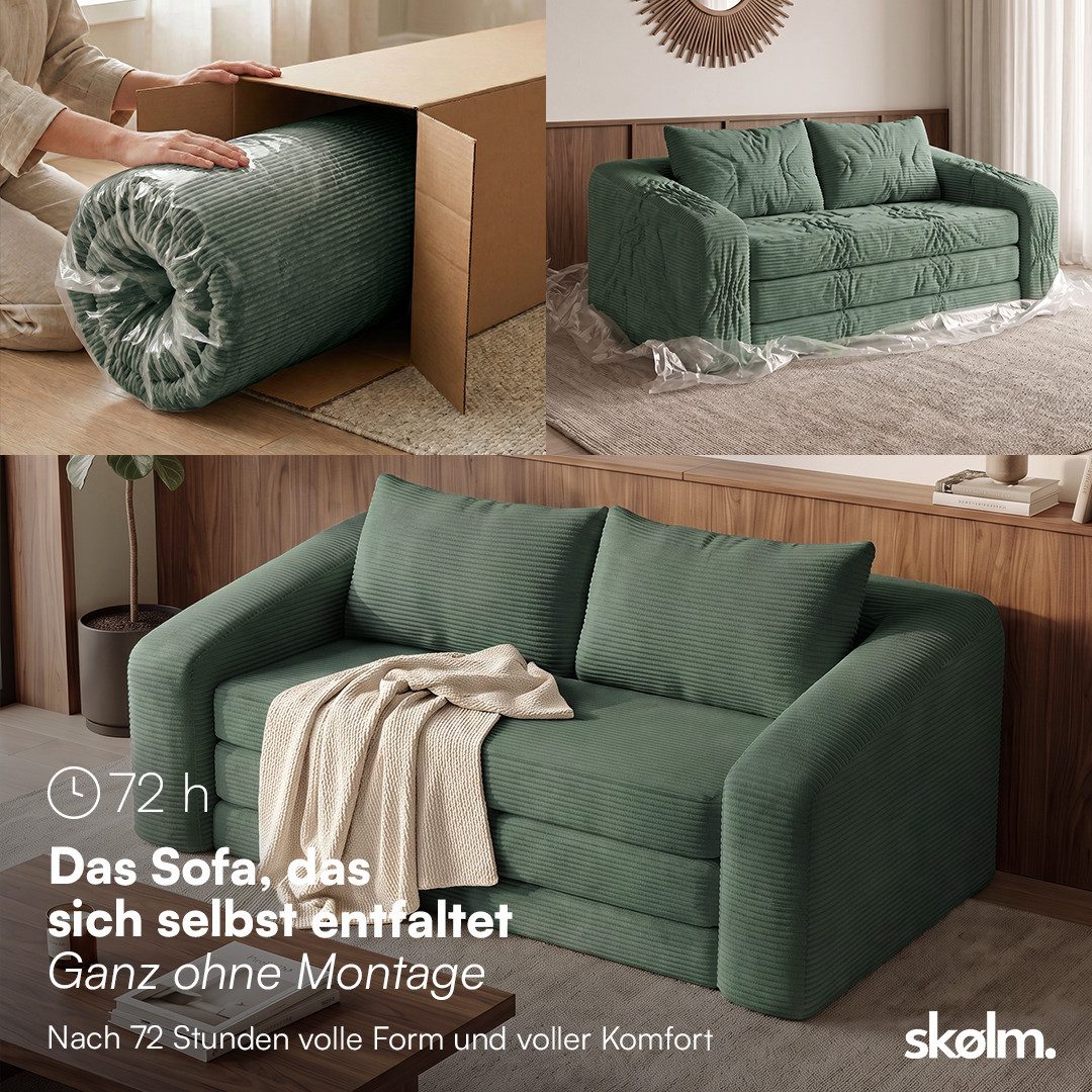 skølm Schlafsofa & Schlafsessel Fjäll mit Kissen, ohne Aufbau, vakuumverpackt, dunkelgrün, Klappsofa 182x100x70 cm, Cordsofa – Bild 3 von 5