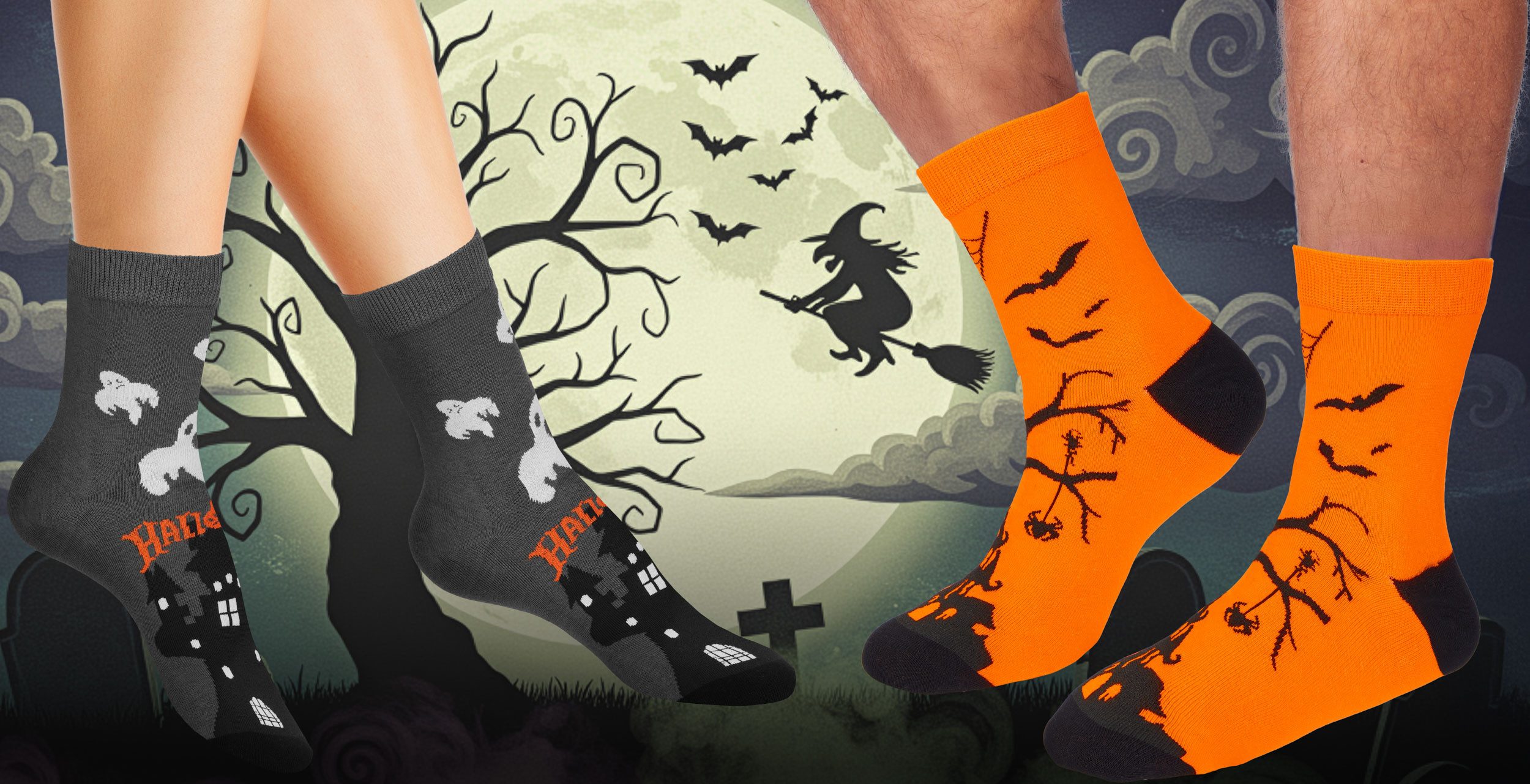 BRUBAKER Socken Halloween Sockenset - Lustige Baumwollsocken in Orange, Lila & Schwarz (5-Paar) Kürbis, Skelett & Gespenst - Bunte Herbstsocken für Damen & Herren