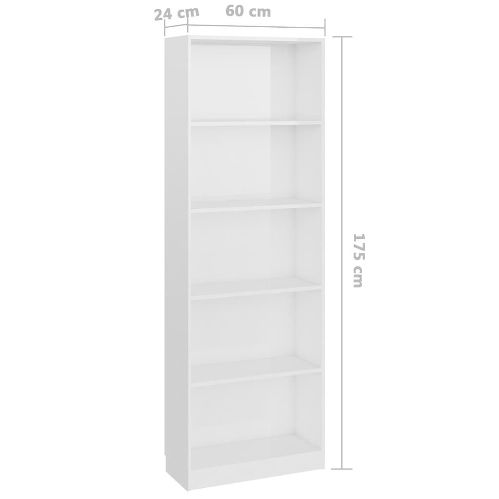 furnicato Bücherregal 5 Fächer cm 60x24x175 Hochglanz-Weiß Holzwerkstoff