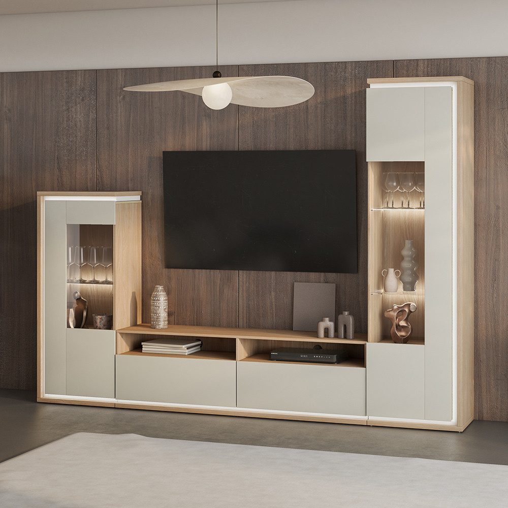 Lomadox Vitrine DRACHTEN-83 Vitrinenschrank Eiche kaschmir Modern 135cm hoch, LED-Beleuchtung