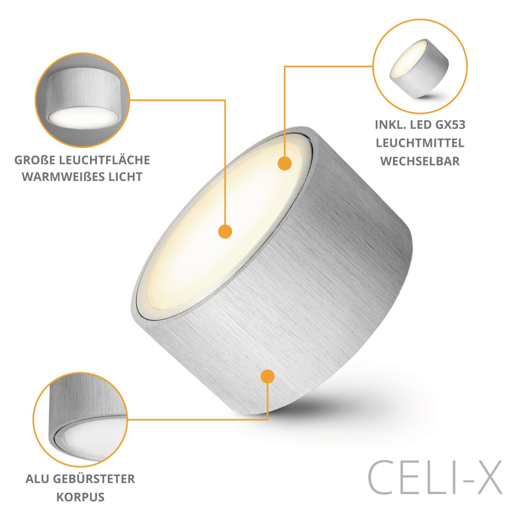 SSC-LUXon Aufbauleuchte Flacher Alu Warmweiß & warmweiss, 5W gebuerstet CELI-X LED rund Aufbaustrahler