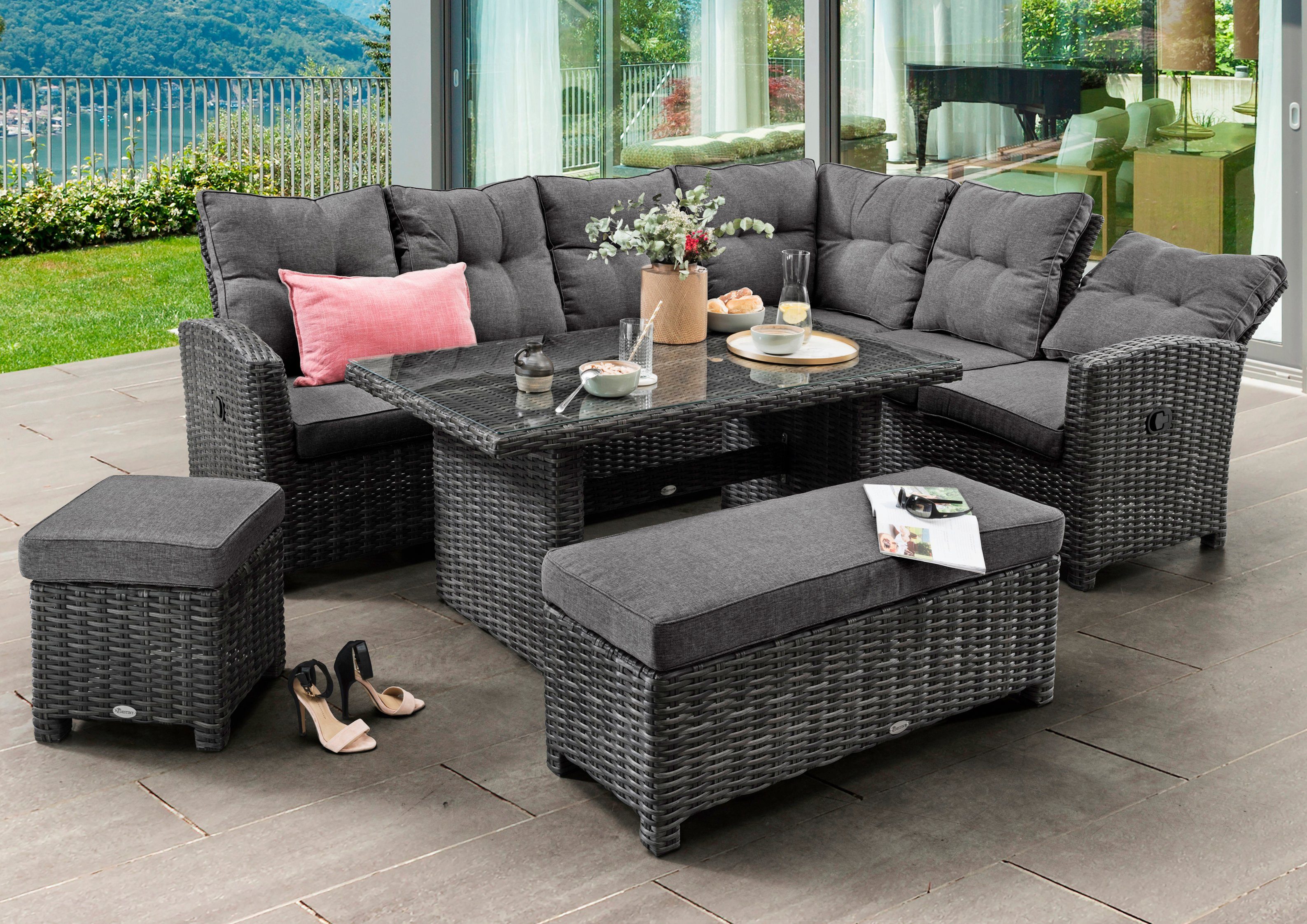 Destiny Gartenlounge-Set SANTA PONSA DE LUXE, (20-tlg), Ecklounge, 1 Tisch 140x80x66 cm, 1 Bank, 1 Hocker, inkl. Auflagen