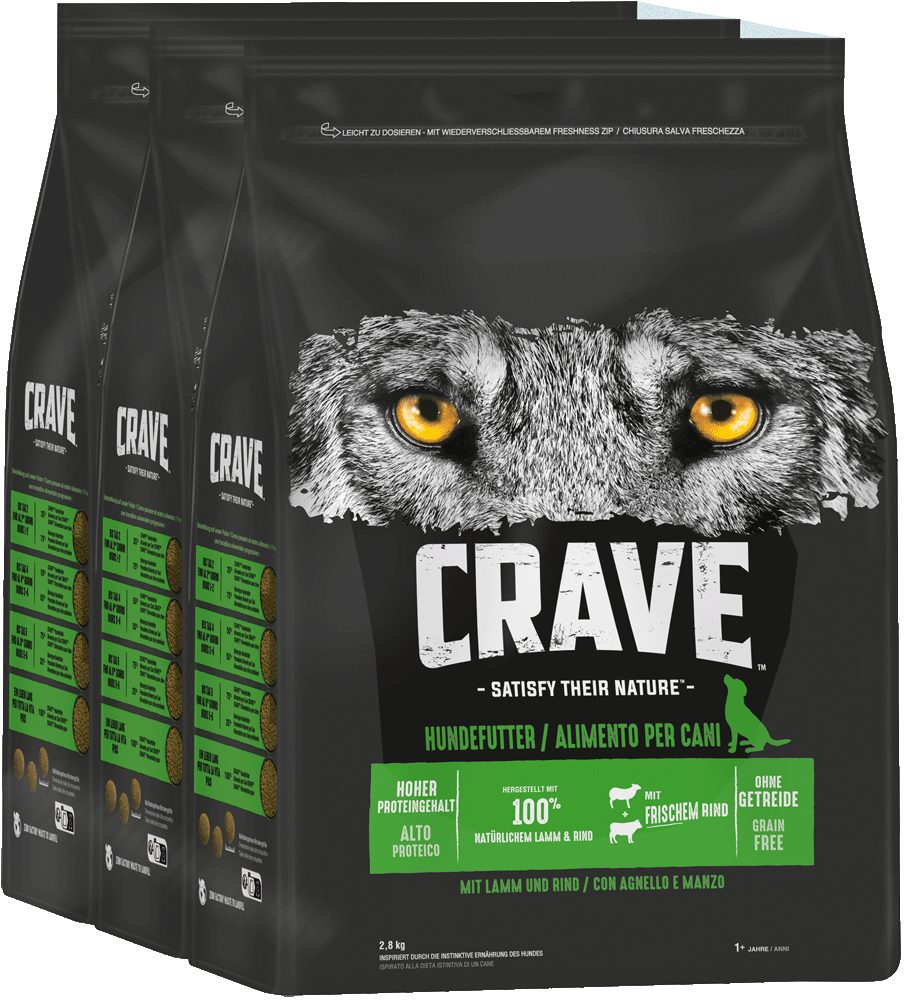 CRAVE CRAVE™ Hund Beutel mit Lamm und Rind 3 x 2,8kg, Trockenfutter für: Hunde