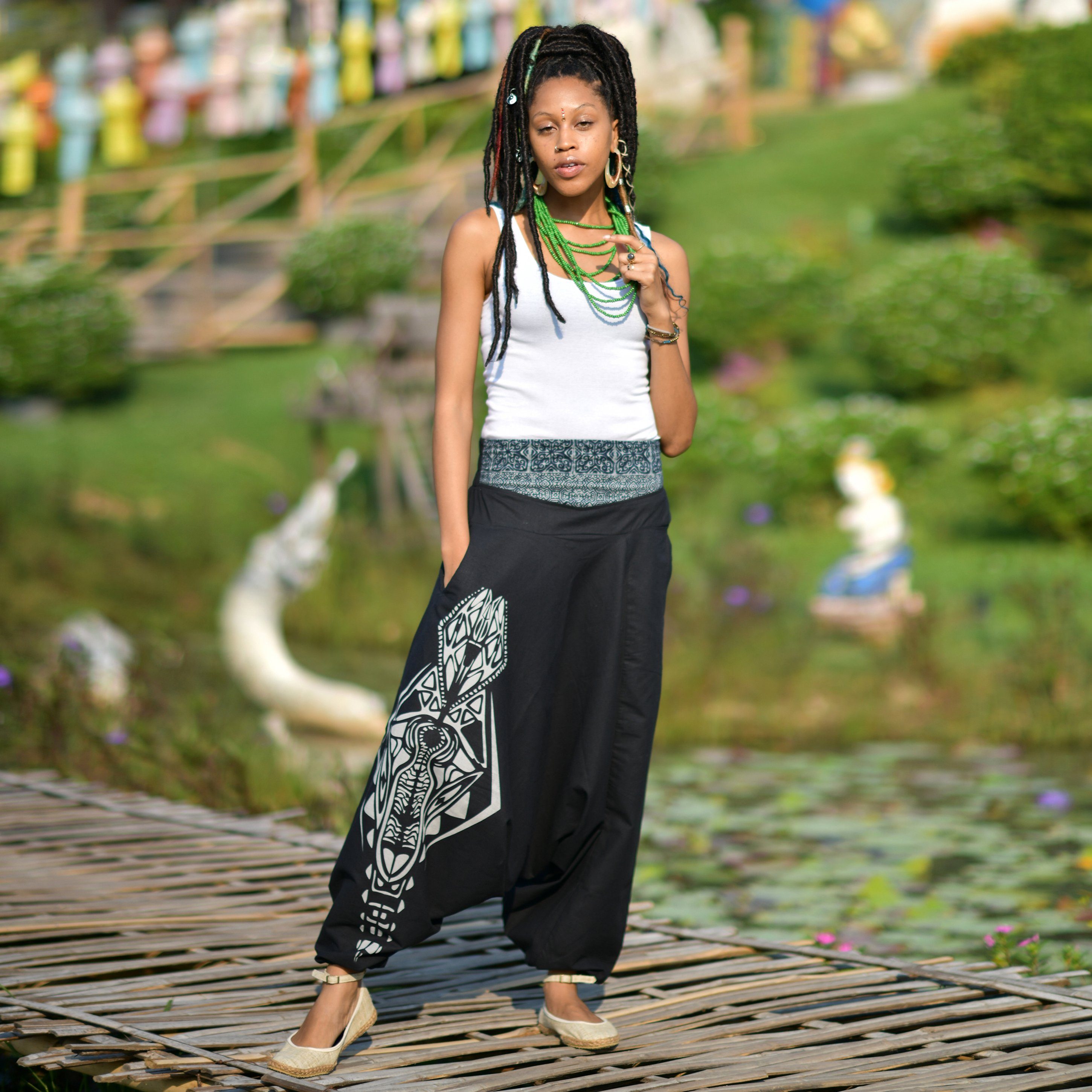 virblatt Haremshose Aladinhose Damen & Haremshose Herren, Baumwolle, Goa Hose Sommerhose handgewebte asiatische Hilltribe-Details, Tasche mit Reißverschluss, einzigartige Prints