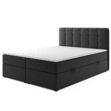 DD-COLLECTION Boxspringbett Paris Grau Schwarz (180 x 200 cm), mit Bettkasten, Chesterfield-Optik, inkl. Topper