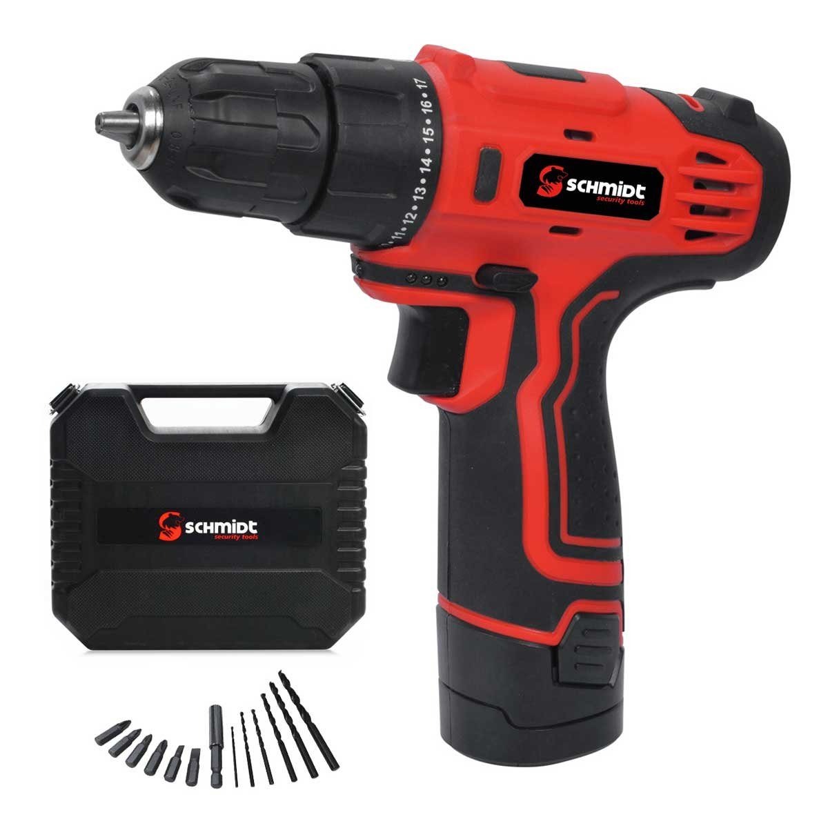 Akku-Schrauber Akku-Bohrschrauber PD-01 Li-Ion 10,8V 1,5Ah 15Nm LED-Licht Schrauber inkl. Akku Ladegerät Koffer Bit Bohrer Set