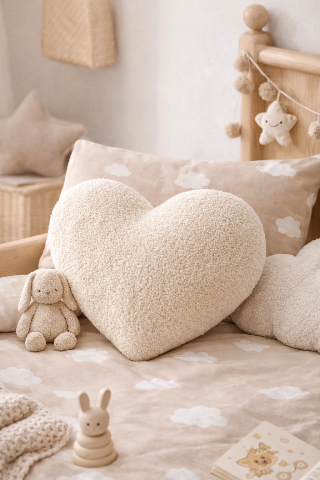 BABEES Dekokissen DEKOKISSEN Boucle Kuschelkissen Herz Wolke GROß 40x25, XXL 60x35 cm, Deko Kissen Geschenk Baby Kinderzimmer Weihnachten Babyshower