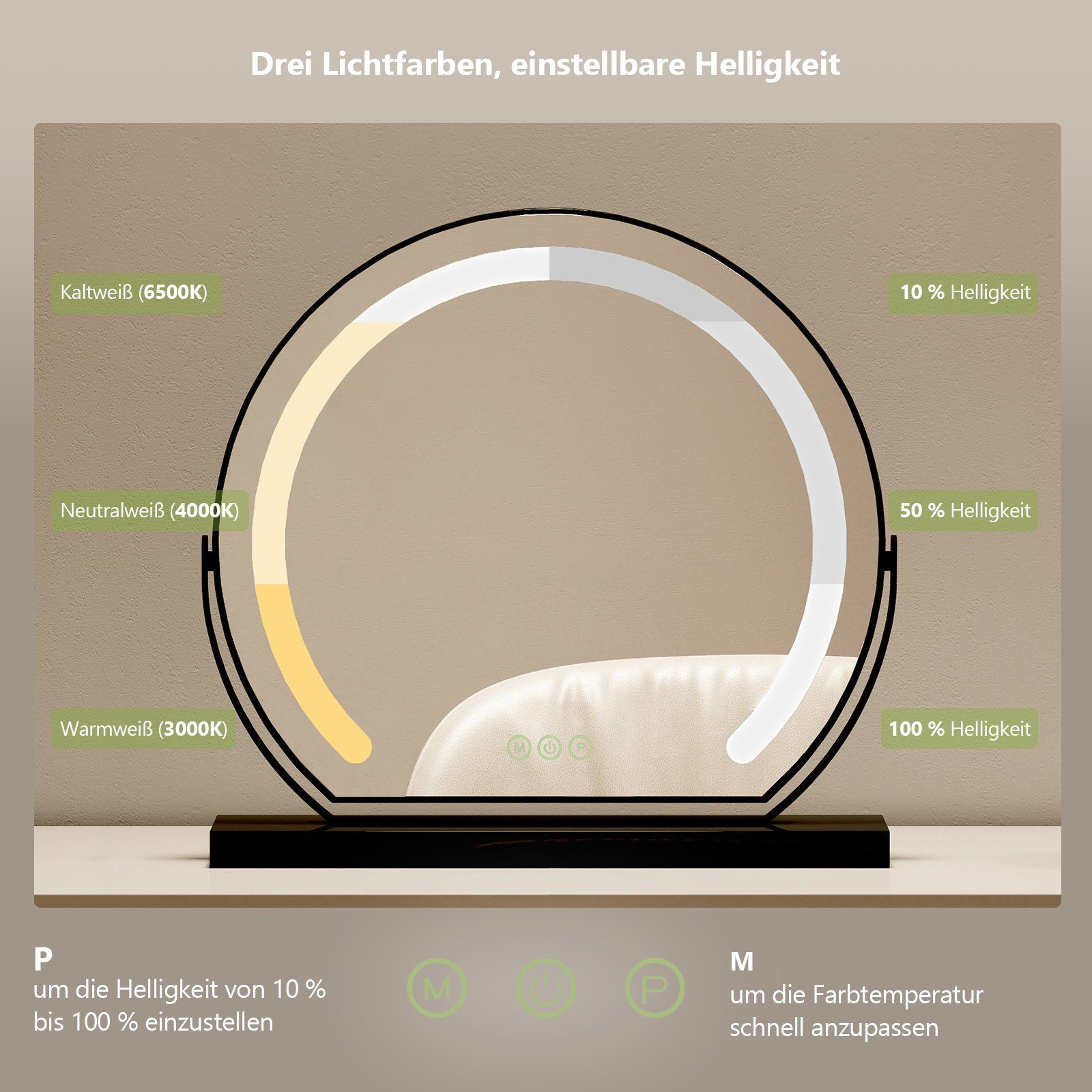 Funktion Rund S'AFIELINA Beleuchtung LED Schwarzer Kosmetikspiegel mit 3 Memory 40cm Φ Dimmbar Rahmen, Schminkspiegel Lichtfarben Weihnachtsgeschenk,