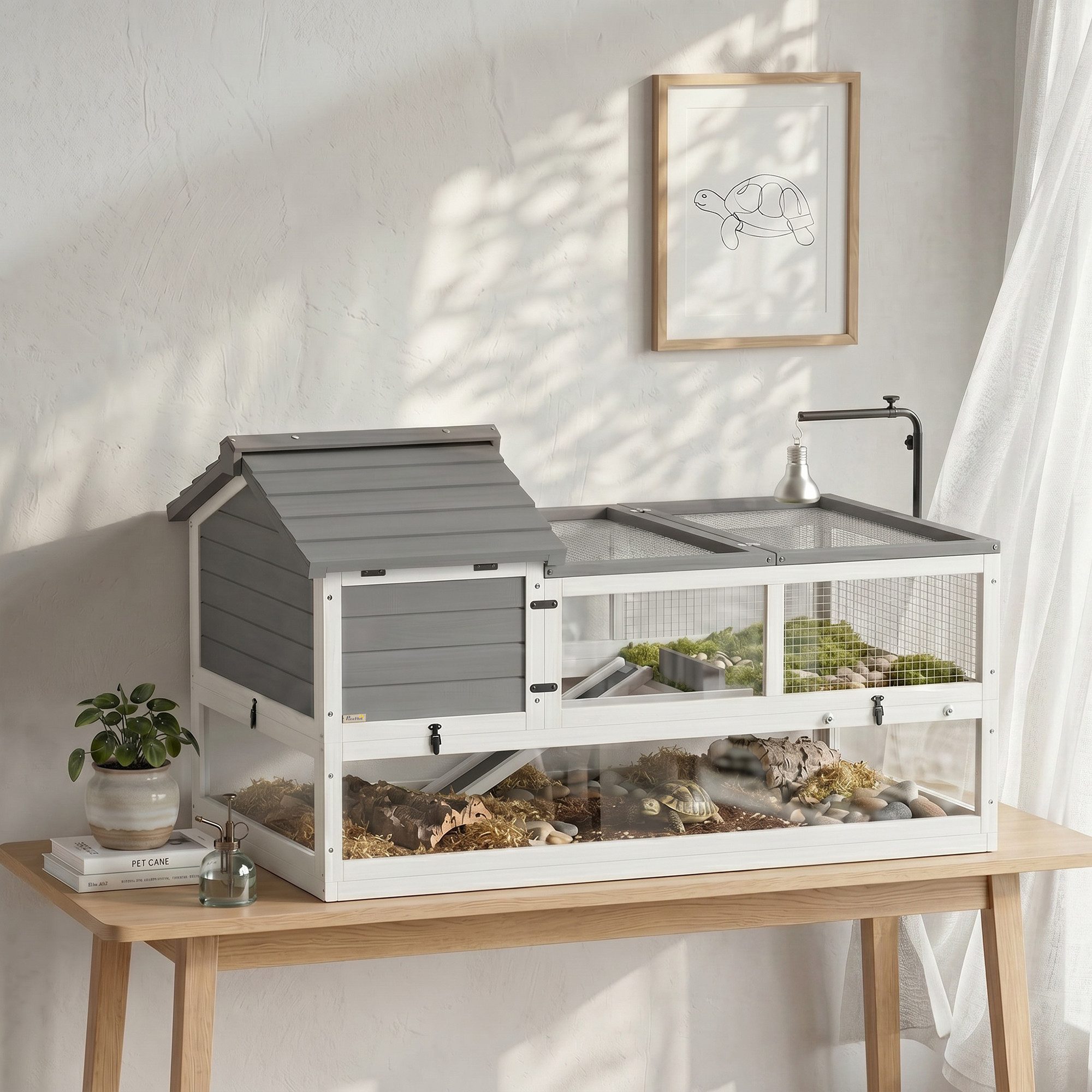 PawHut Kleintierstall mit Zwei Haupthäusern aufklappbarem Oberseite Lampenhalter, für Schildkröten Reptilien 116 x 70,5 x 69,5cm Grau