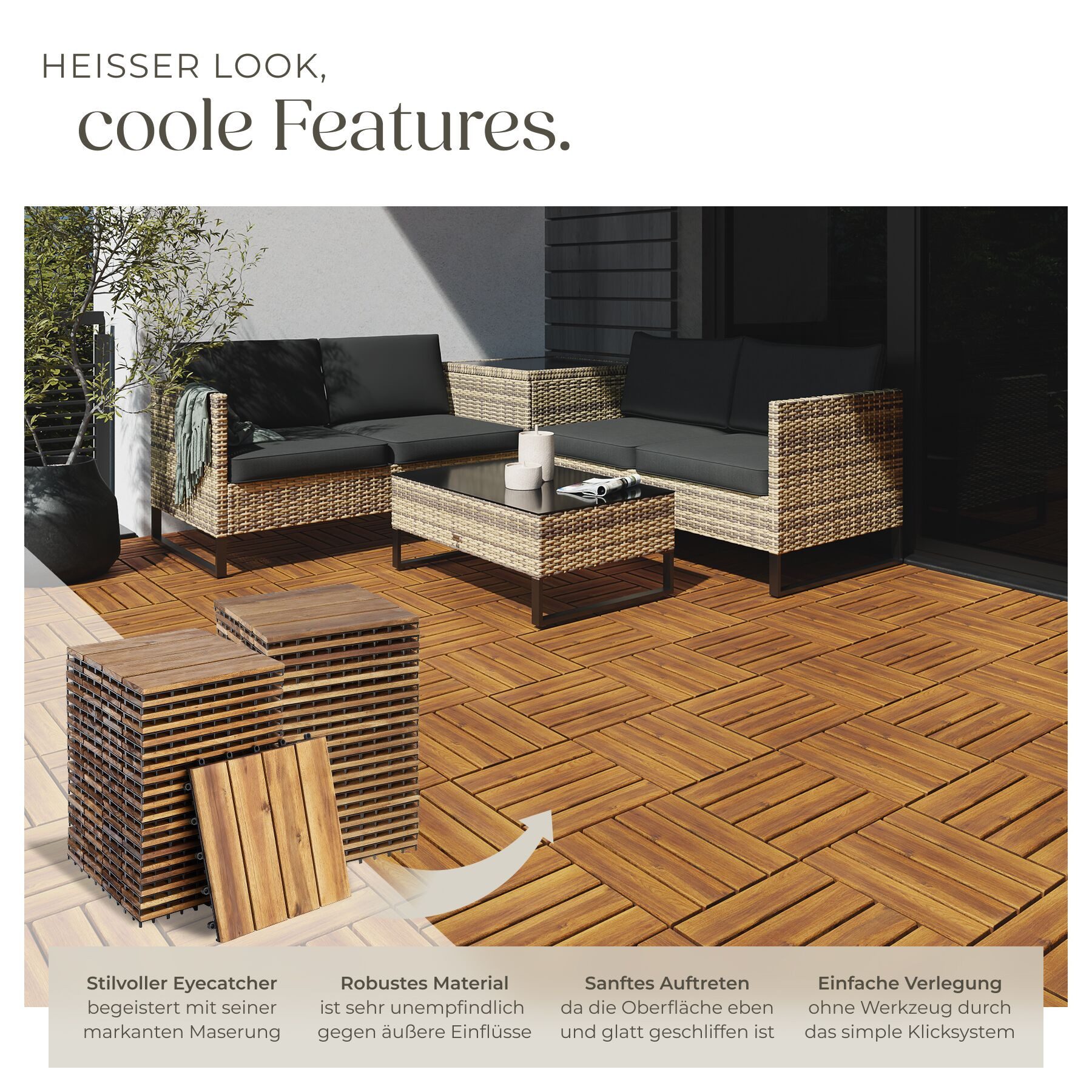 tectake Terrassendielen Terrassenfliesen 20er Set mit Klicksystem, 31 x 31 x 2,2 cm, 1,922 m², BxL: je 31,00x31,00 cm, (Terrassenplatten Außenbereich Tabula, 20 – Bild 3 von 5