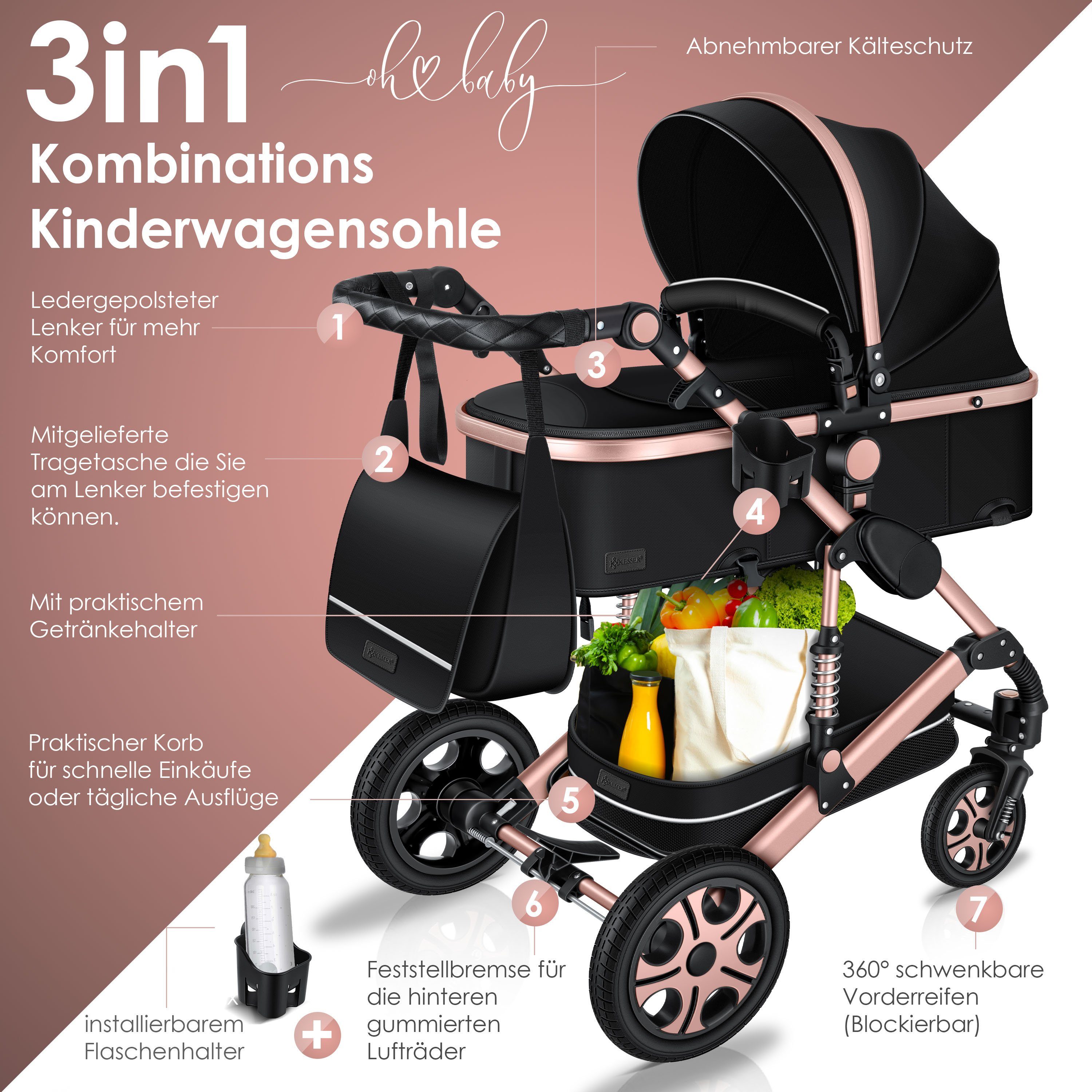 KESSER Kombi-Kinderwagen, Loops Kinderwagen Kombikinderwagen Komplettset / gold rosé schwarz