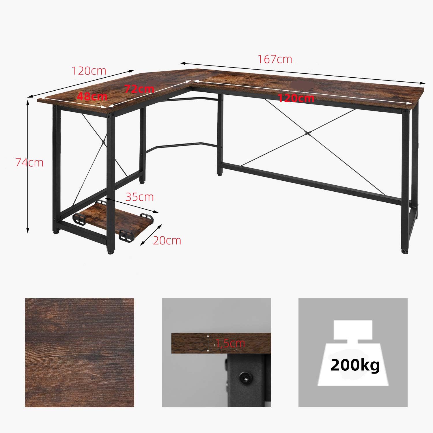 TLGREEN Eckschreibtisch L-förmiger 167 Büro, Eckschreibtisch mit Aufbewahrungstasche, Schreibtisch 167cm,Computertisch für 120cm Braun cm Breite