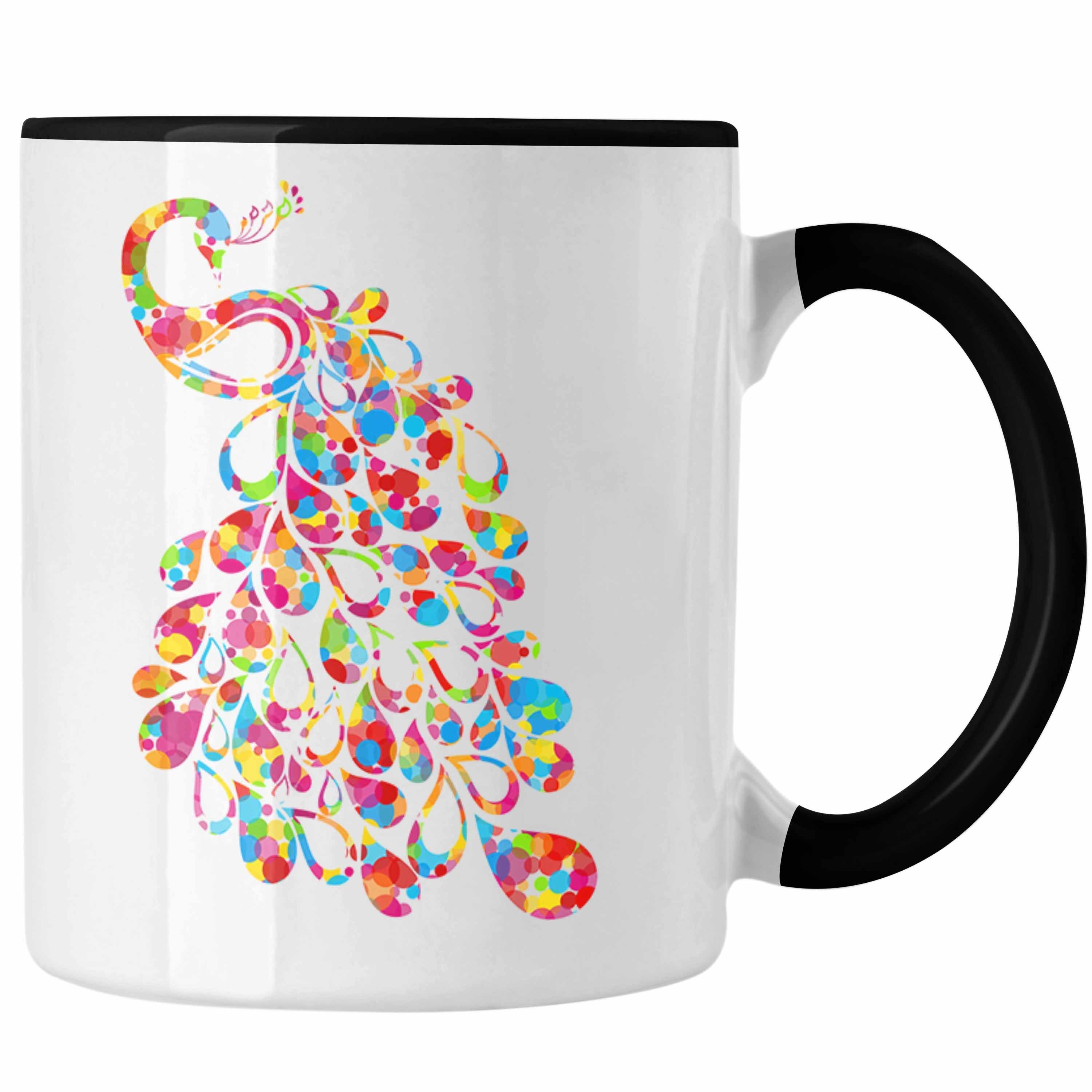 Trendation Tasse Trendation - Pfau Deko Tasse Geschenk Schöne Grafik Pfauen-Besitzer Geschenkidee Bunt Schwarz