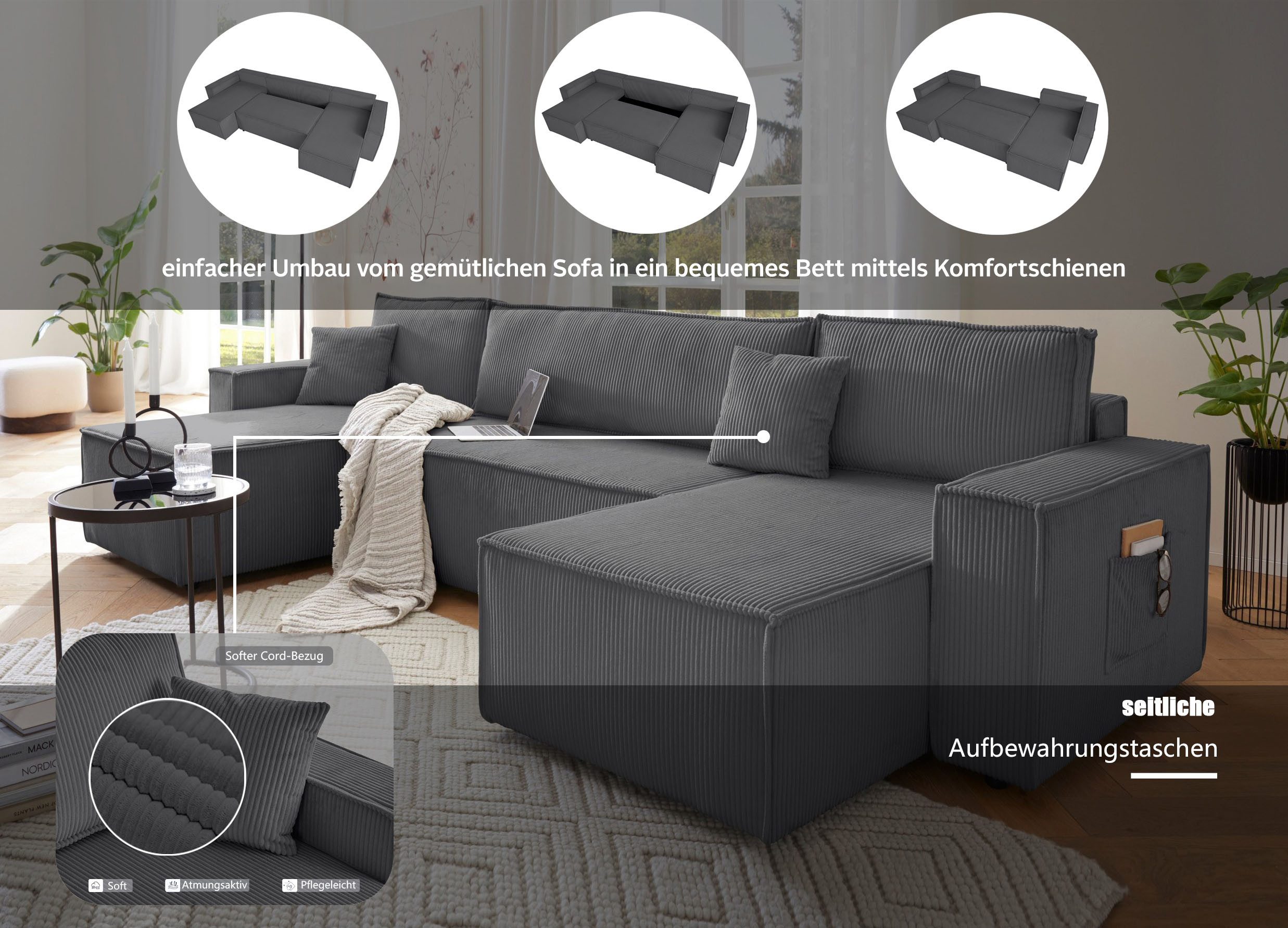 OTTO home Wohnlandschaft CASSI L-Form, 311cm - OTTO. Verlässliche Qualität., Schlaffunktion (133/200), Bettkasten, Cord, Unser Tiefpreis