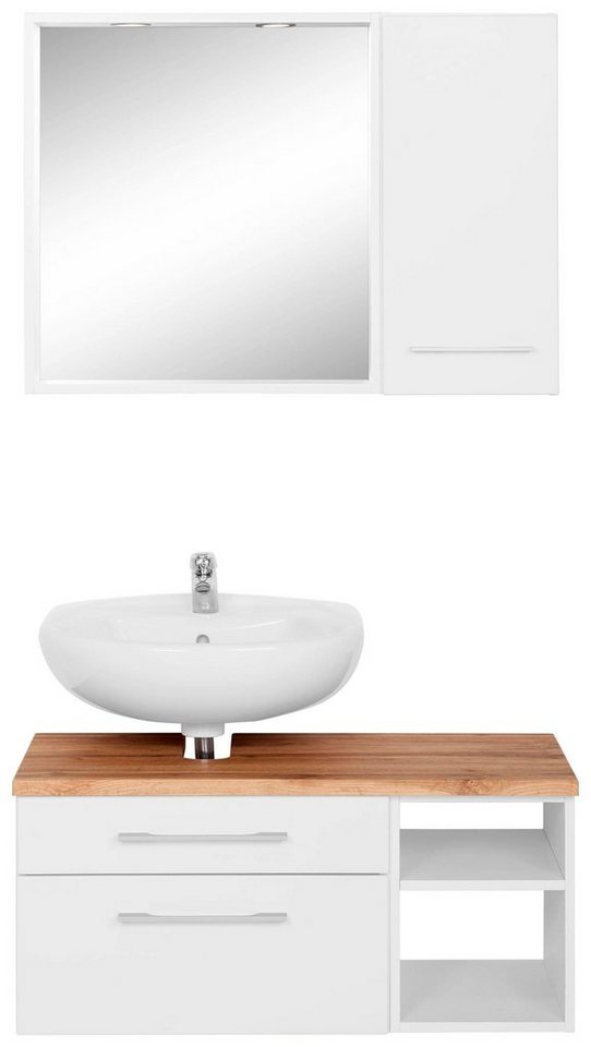 HELD MÖBEL Badmöbel-Set Davos, (3-St), inklusive Beleuchtung, Hängeschrank  und Waschbeckenunterschrank