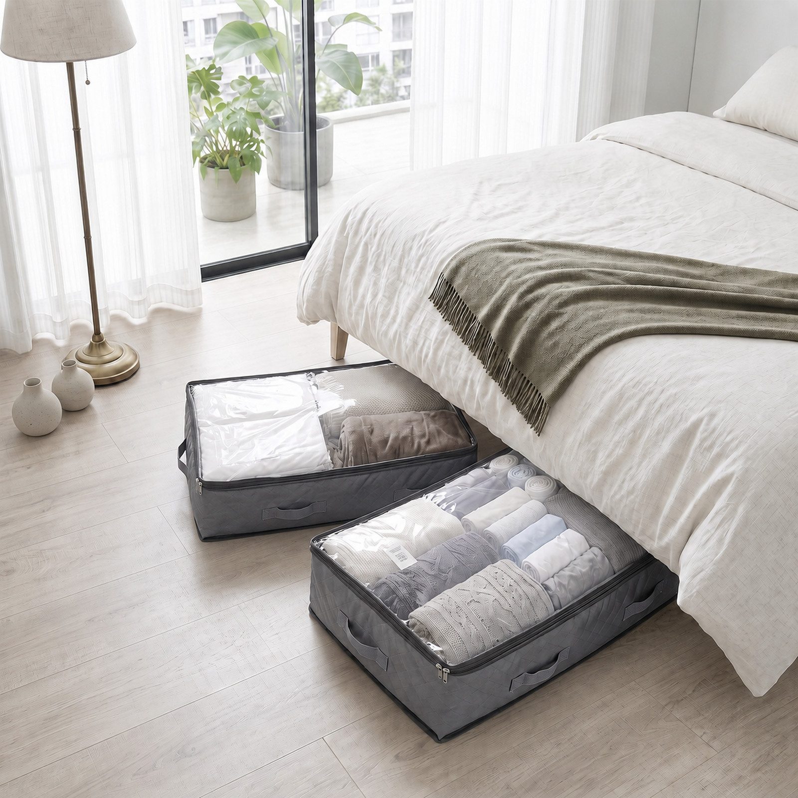 Sekey Unterbettkommode Unterbett Aufbewahrung Aufbewahrungstasche 110L mit Deckel, faltbar (4 St), Für Kleidung, Bettwäsche Decken transparent mit Doppelreißver – Bild 2 von 5