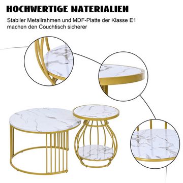 Ulife Couchtisch Rund Weiß Golden Satztisch mit Metallgestell Marmor Optik (Set, 2-St., 2er Set)