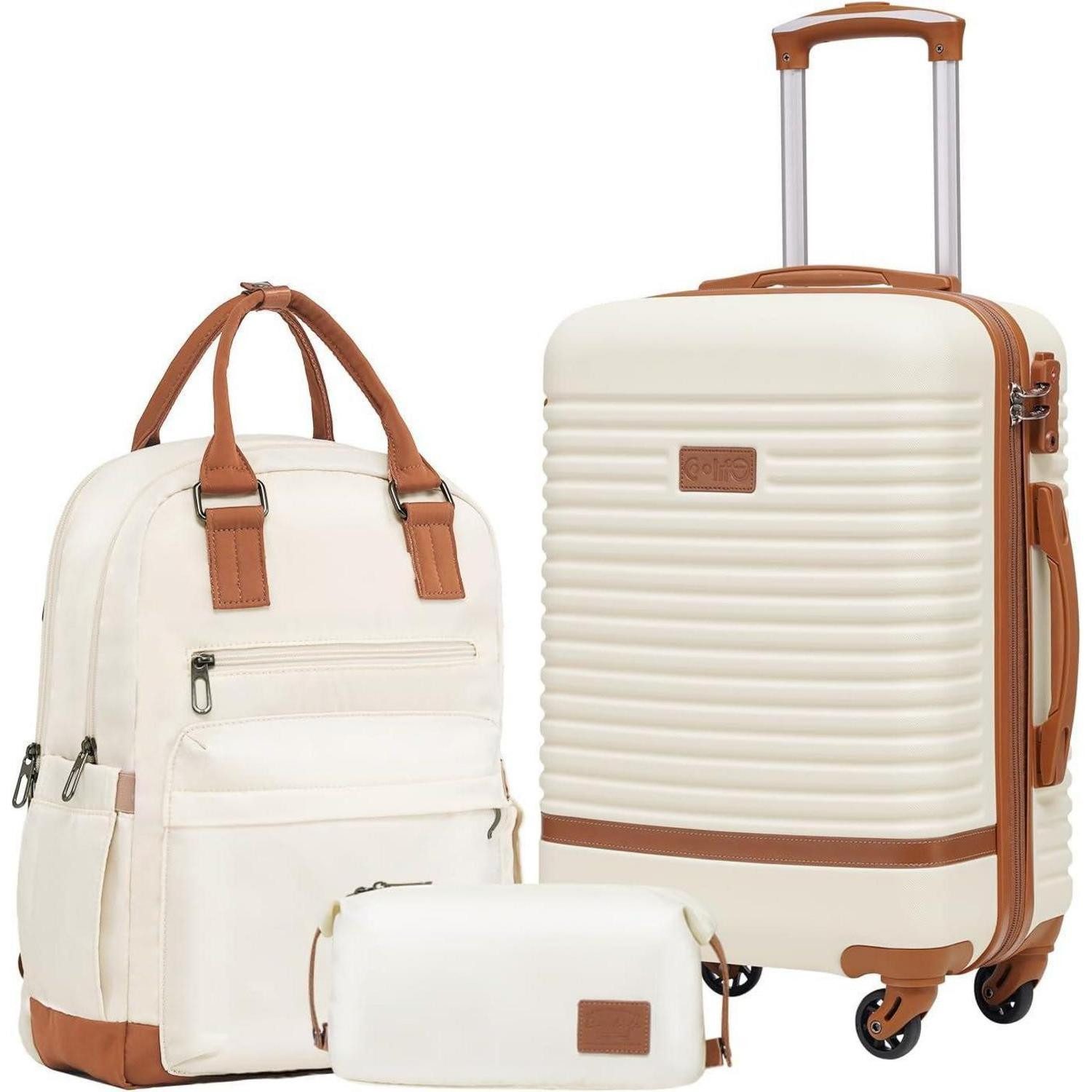 Kofferset Hartschalen-Trolley Set Handgepäck 3tlg ABS Weiß/Braun
