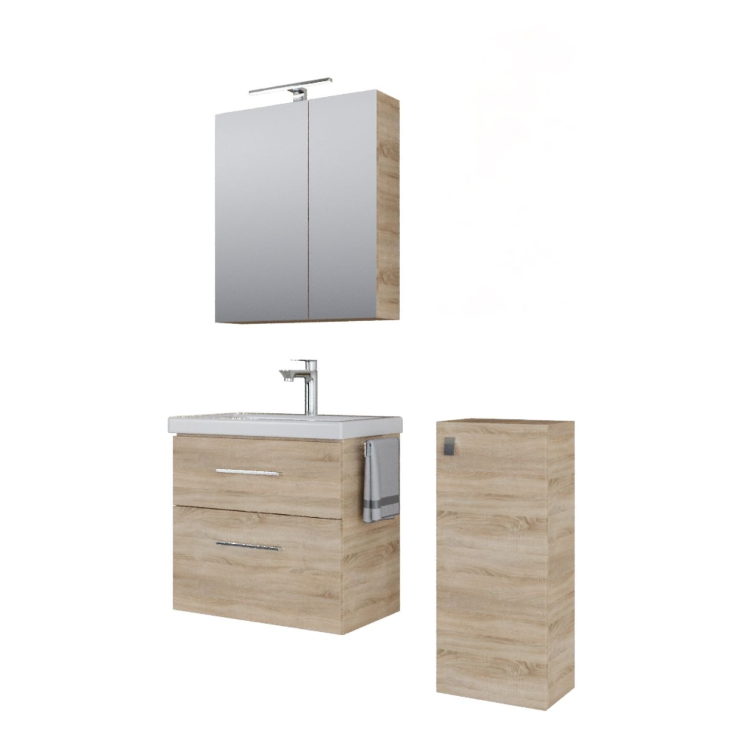 Planetmöbel Badezimmer-Set Badmöbel-Set mit Spiegelschrank 63cm und Midischrank