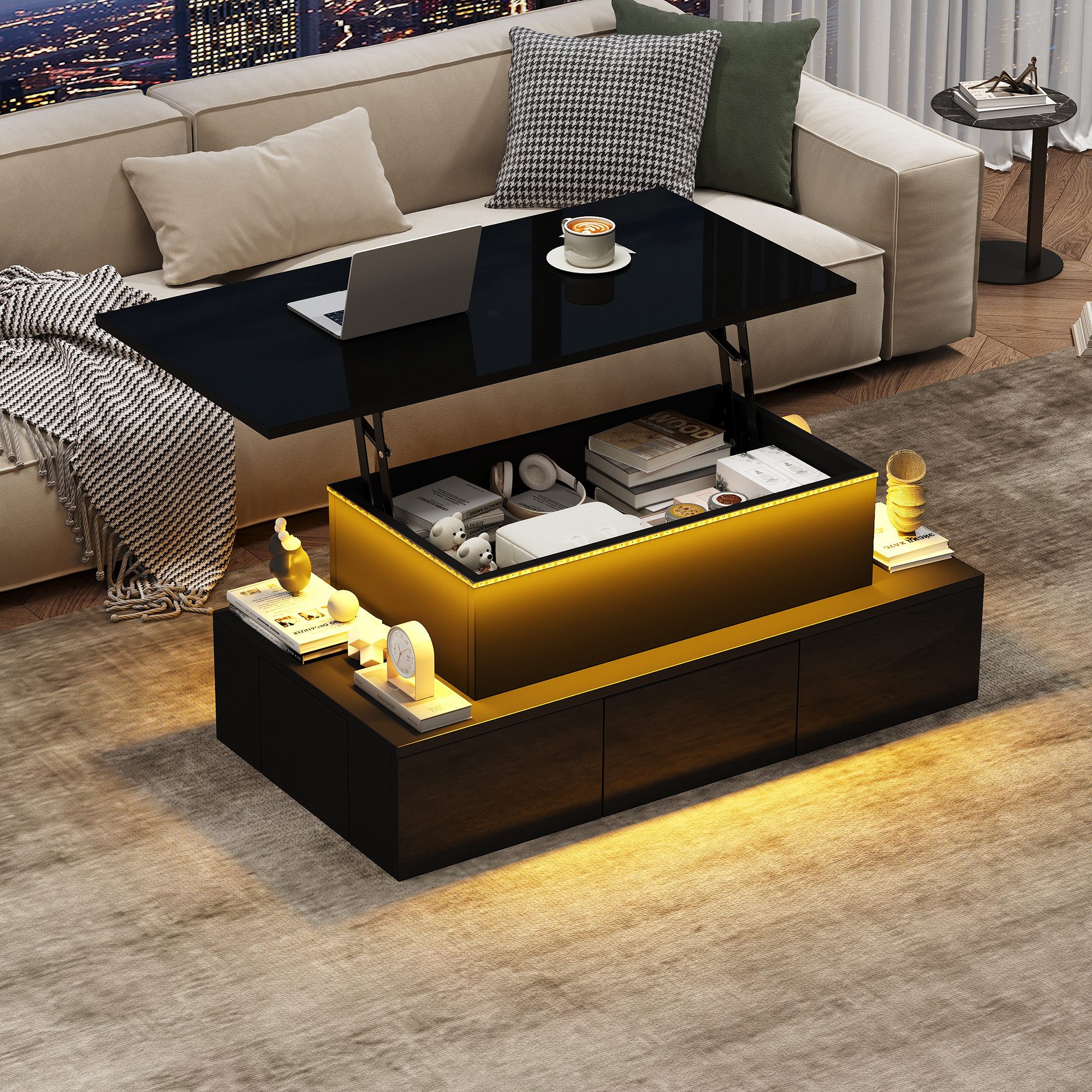 OKWISH Couchtisch anhebbarer Kaffeetisch mit verstecktem günstig online kaufen