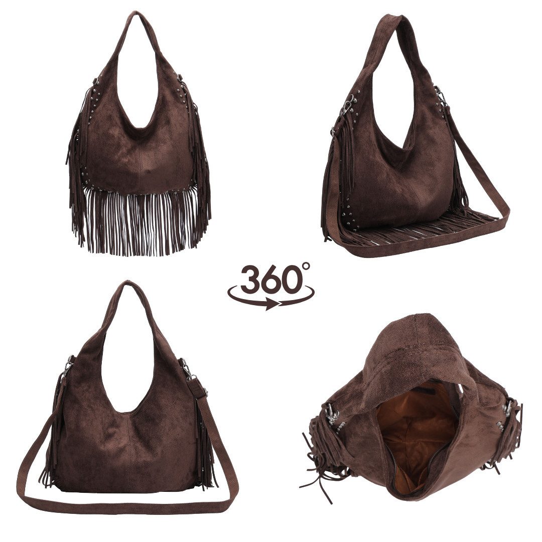 MIRROSI Shopper Damen Fransen Schultertasche Wildleder-Optik aus Polyester (Neue Kollektion Herbst/Winter 2026, ca. 41 x 5 x 37 cm), Boho Tasche mit Fransen, Ni – Bild 3 von 3